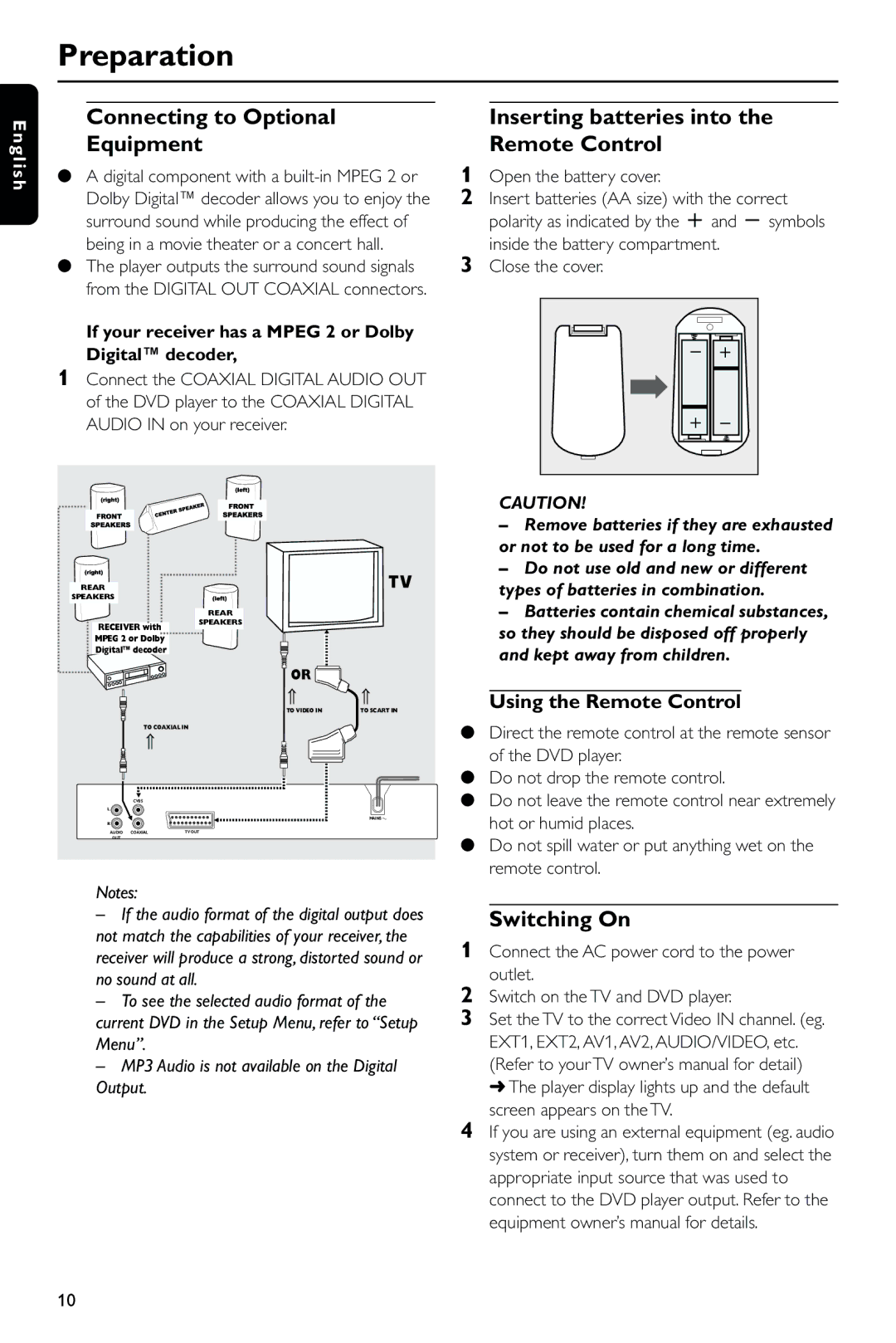 Philips DVD634/021 manual Connecting to Optional Equipment, Inserting batteries into the Remote Control, Switching On 