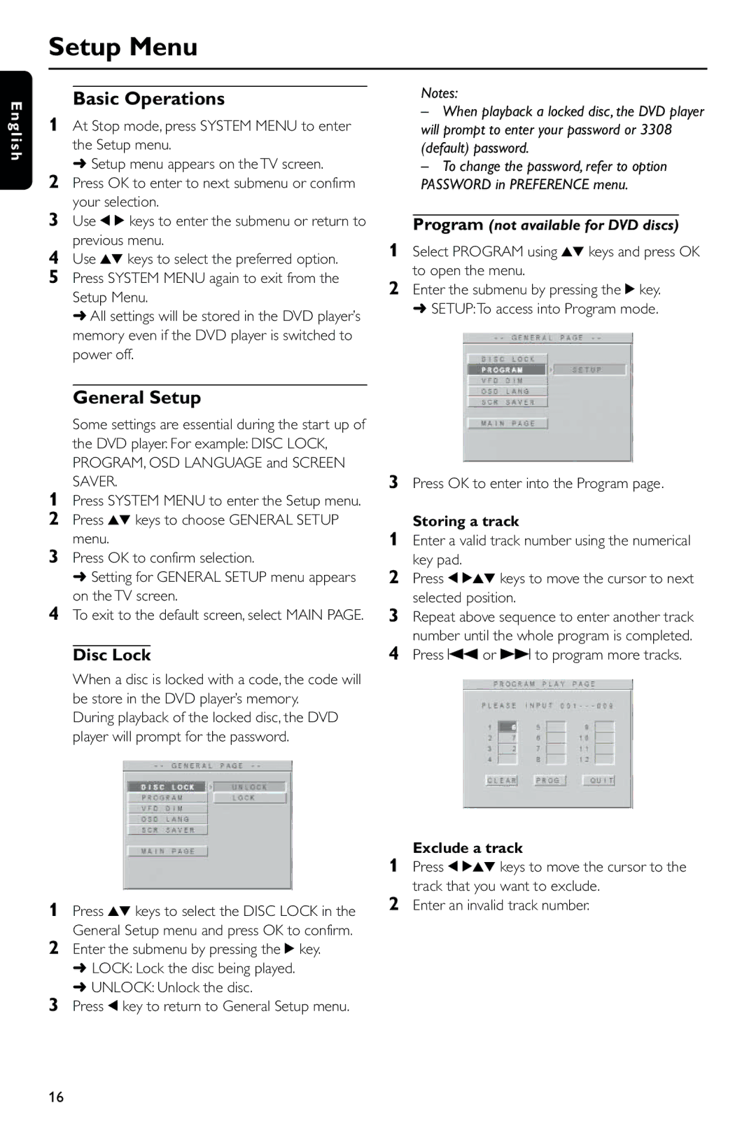 Philips DVD634/021 manual Setup Menu, Basic Operations, General Setup, Disc Lock 