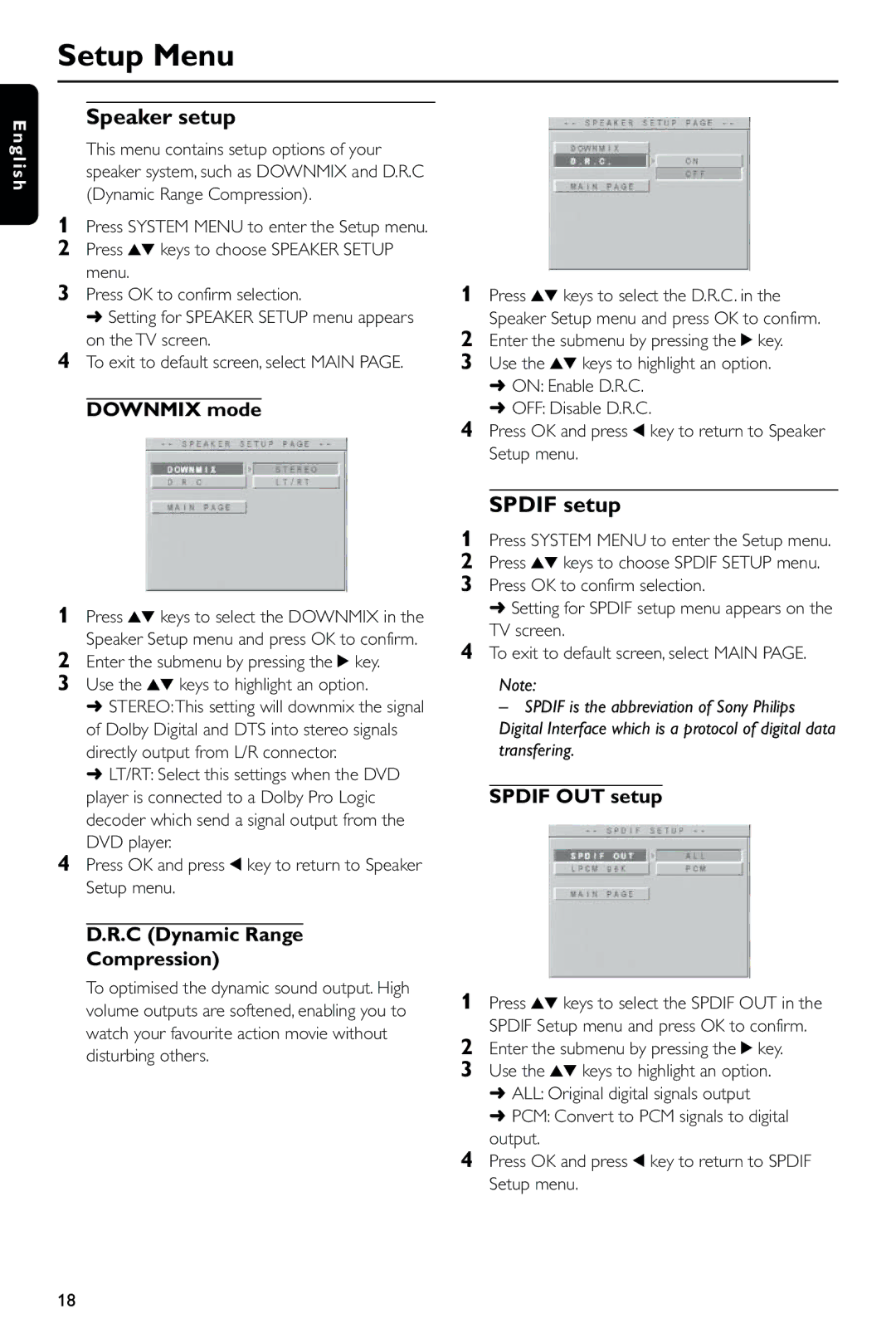 Philips DVD634/021 manual Speaker setup, Spdif setup, Downmix mode, C Dynamic Range Compression, Spdif OUT setup 
