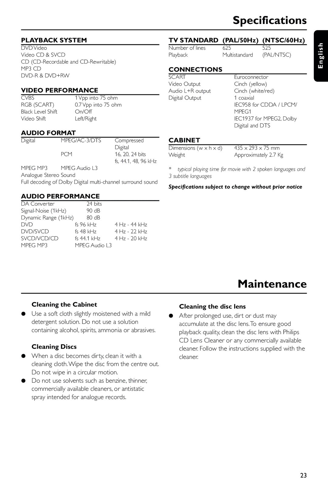 Philips DVD634/021 manual Specifications, Maintenance 