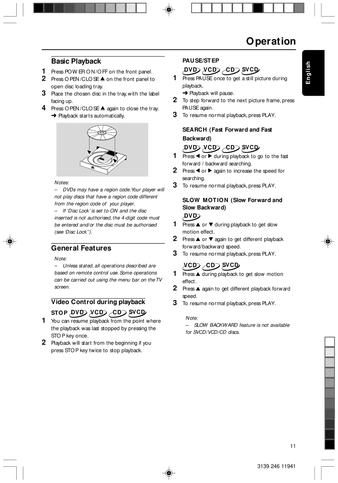 Philips DVD640/001 manual Operation, Basic Playback, General Features, Video Control during playback 