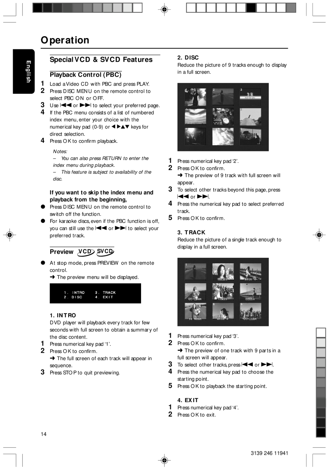 Philips DVD640/001 manual Special VCD & Svcd Features, Playback Control PBC, Preview VCD Svcd 