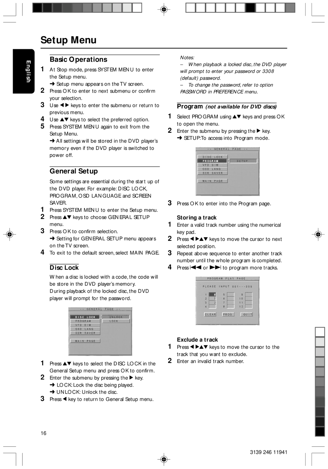 Philips DVD640/001 manual Setup Menu, Basic Operations, General Setup, Disc Lock 