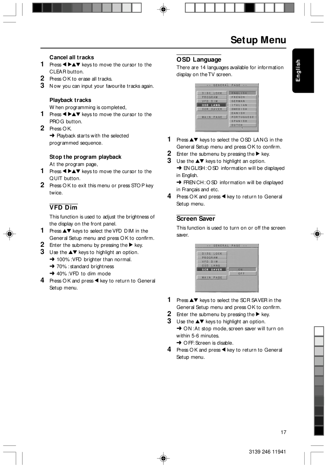 Philips DVD640/001 manual VFD Dim, OSD Language, Screen Saver 