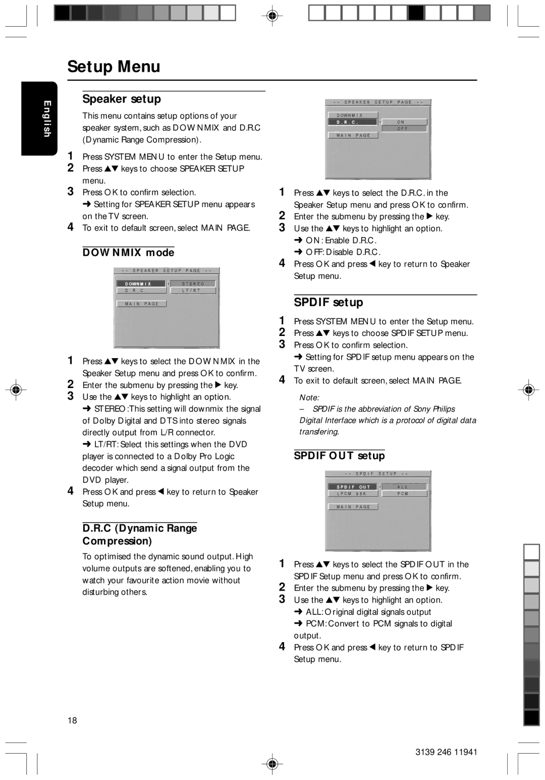 Philips DVD640/001 manual Speaker setup, Spdif setup, Downmix mode, C Dynamic Range Compression, Spdif OUT setup 