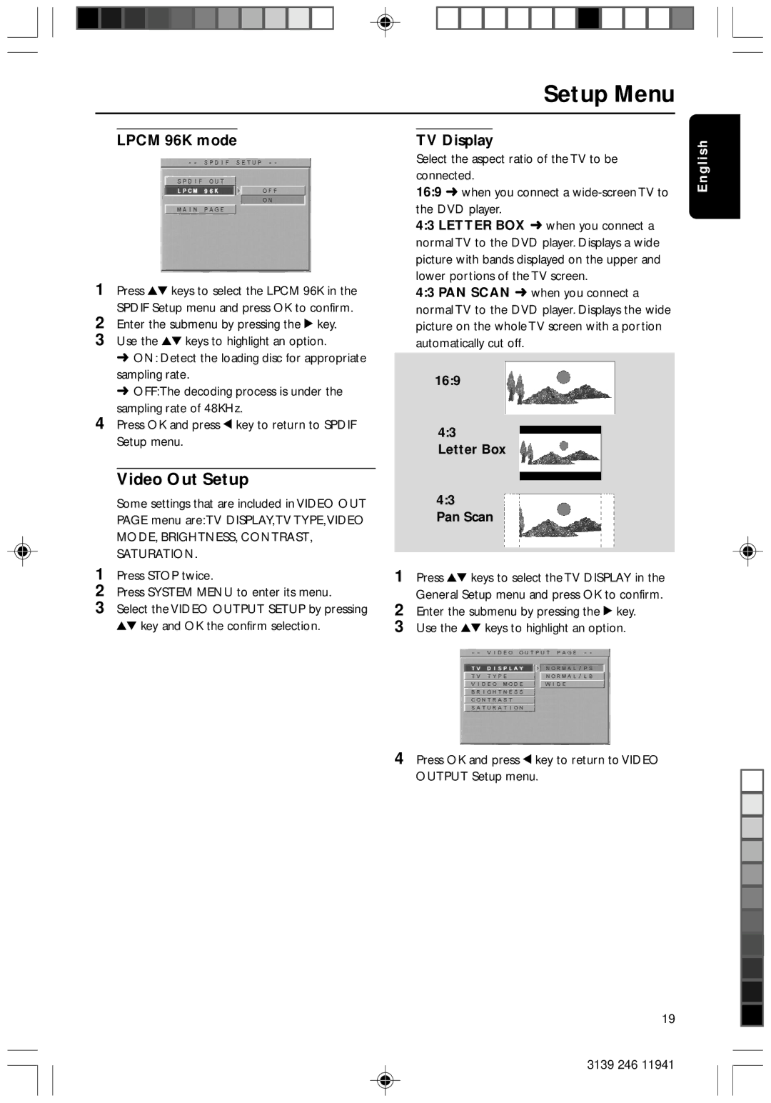 Philips DVD640/001 manual Video Out Setup, Lpcm 96K mode TV Display, Letter Box Pan Scan 