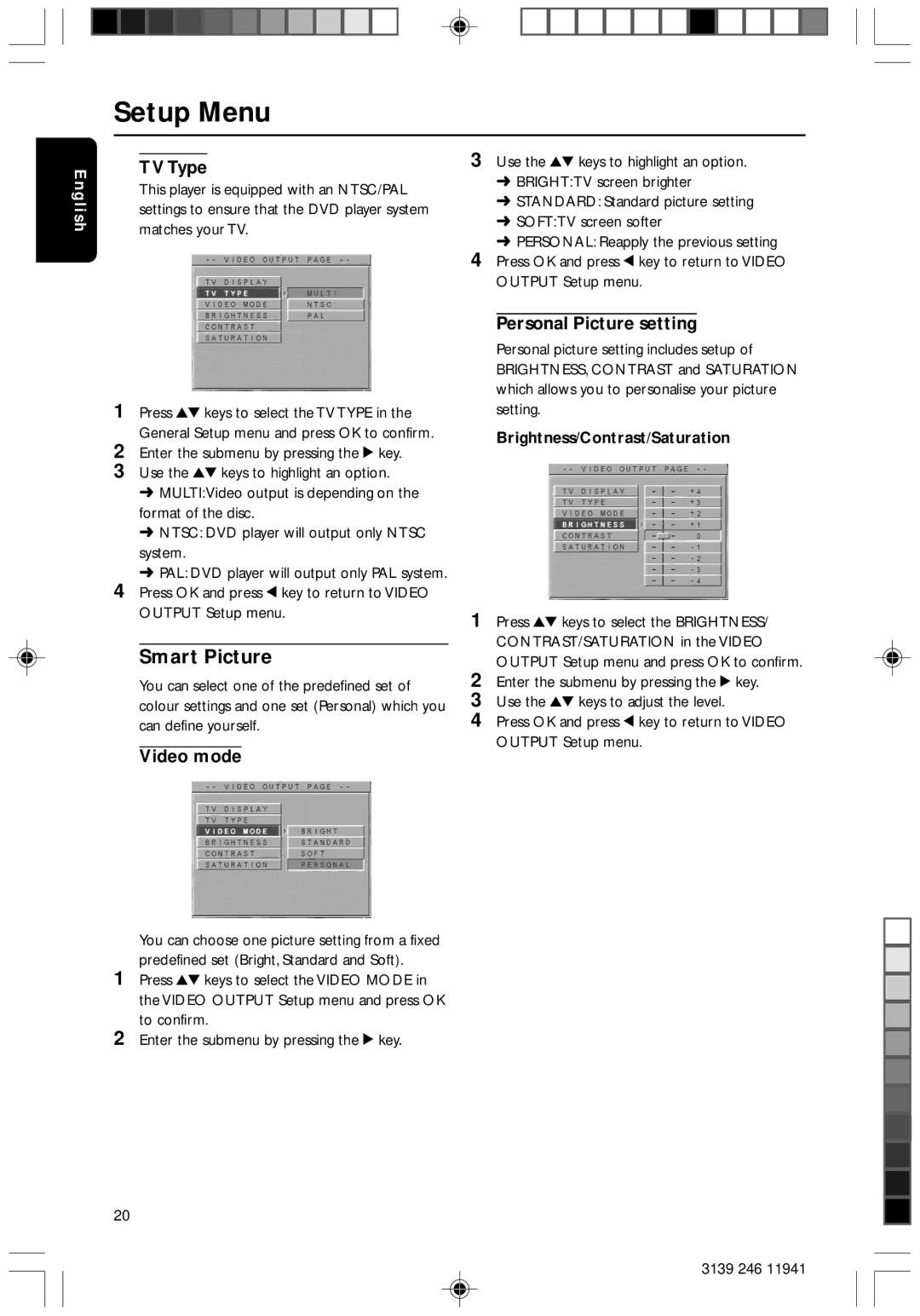 Philips DVD640/001 manual Smart Picture, TV Type, Video mode, Personal Picture setting, Brightness/Contrast/Saturation 