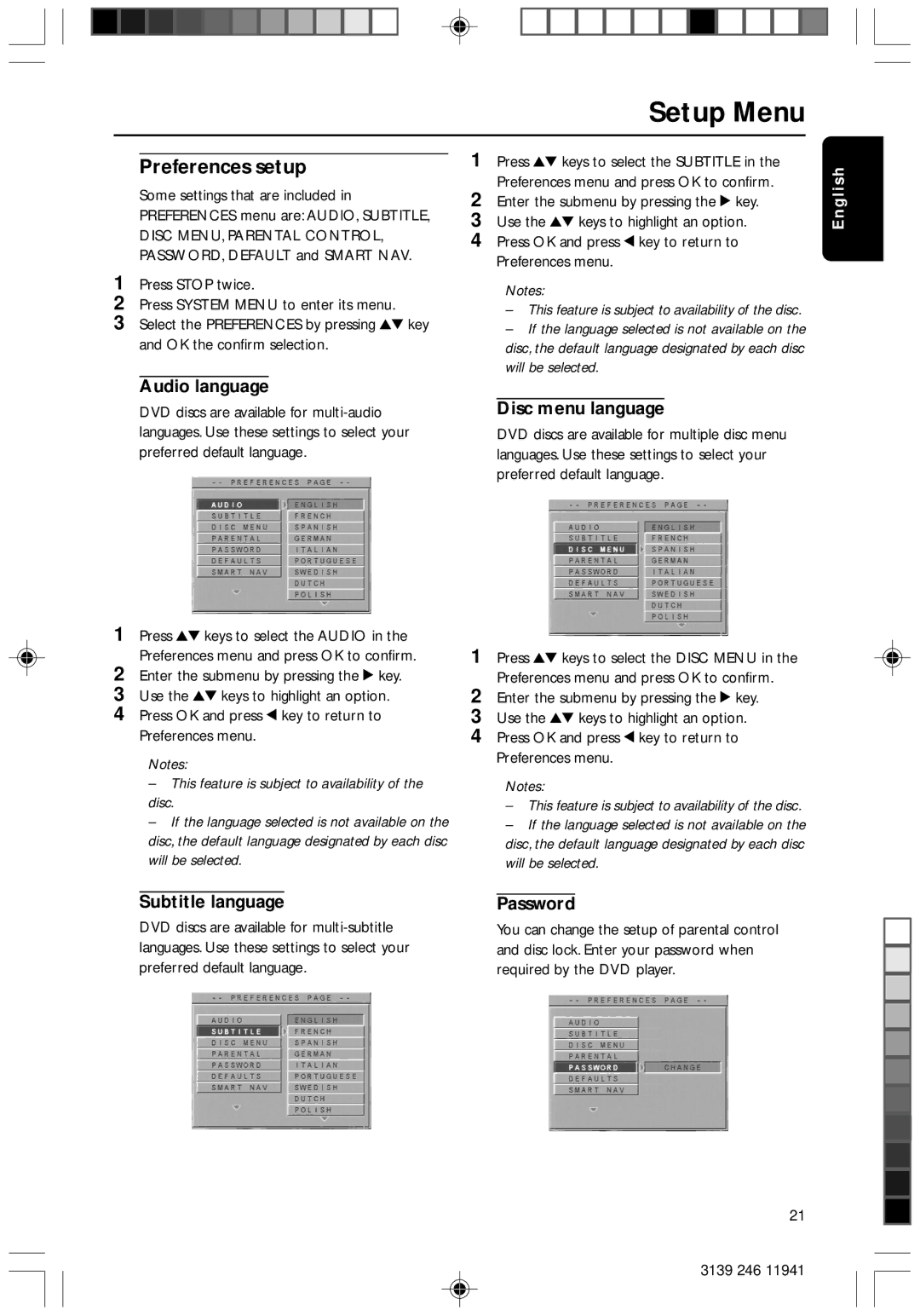 Philips DVD640/001 manual Preferences setup, Audio language, Disc menu language, Subtitle language Password 