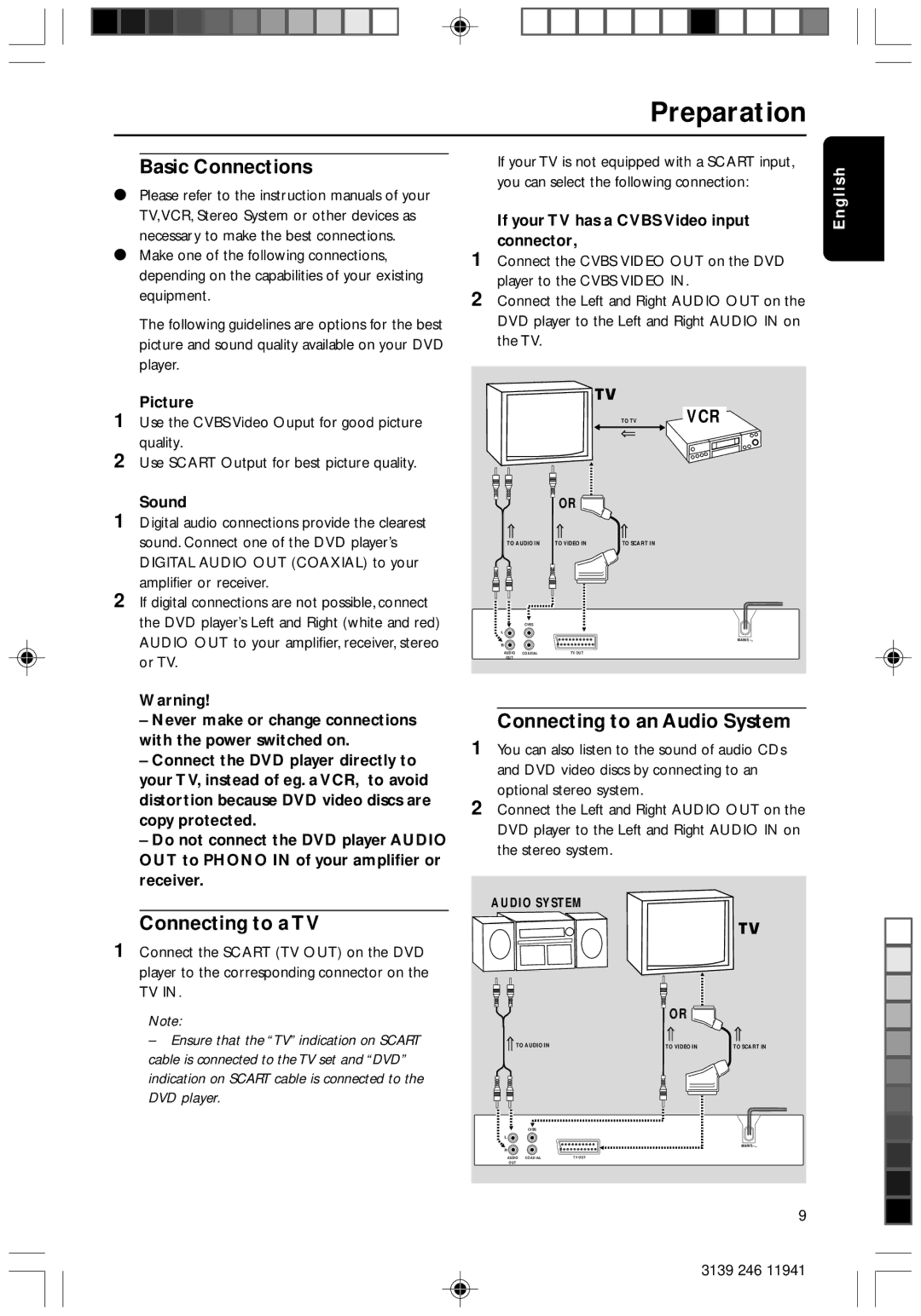 Philips DVD640/001 manual Preparation, Basic Connections, Connecting to a TV, Connecting to an Audio System 