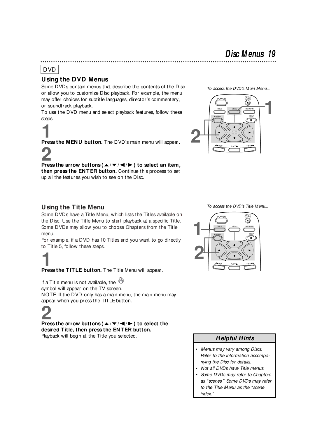 Philips DVD700AT, DVD700/P02 owner manual Using the DVD Menus, Using the Title Menu 