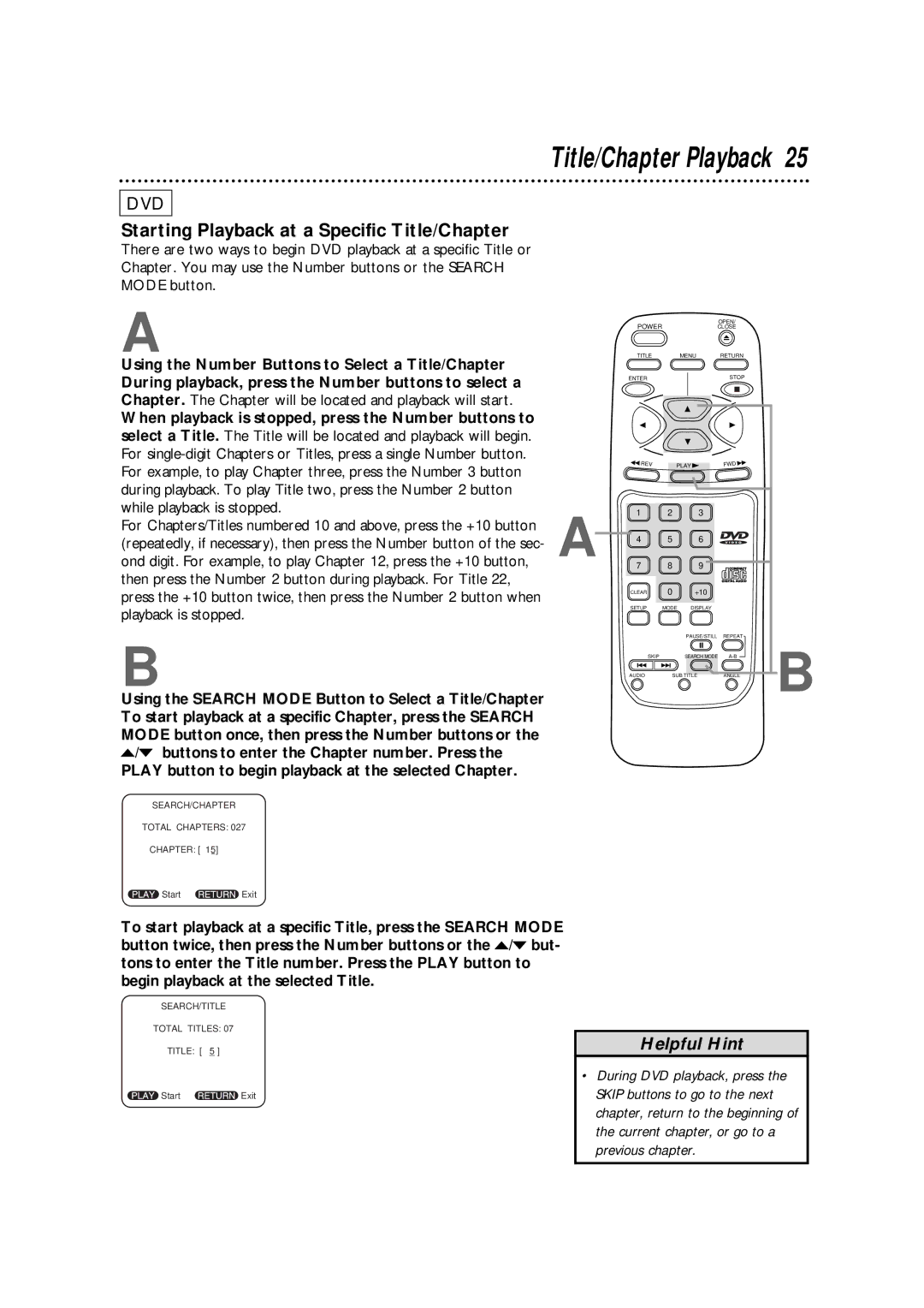 Philips DVD700AT, DVD700/P02 owner manual Title/Chapter Playback, Starting Playback at a Specific Title/Chapter 