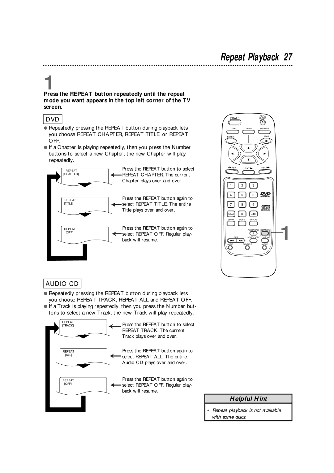 Philips DVD700AT, DVD700/P02 owner manual Repeat Playback, Repeat playback is not available With some discs 