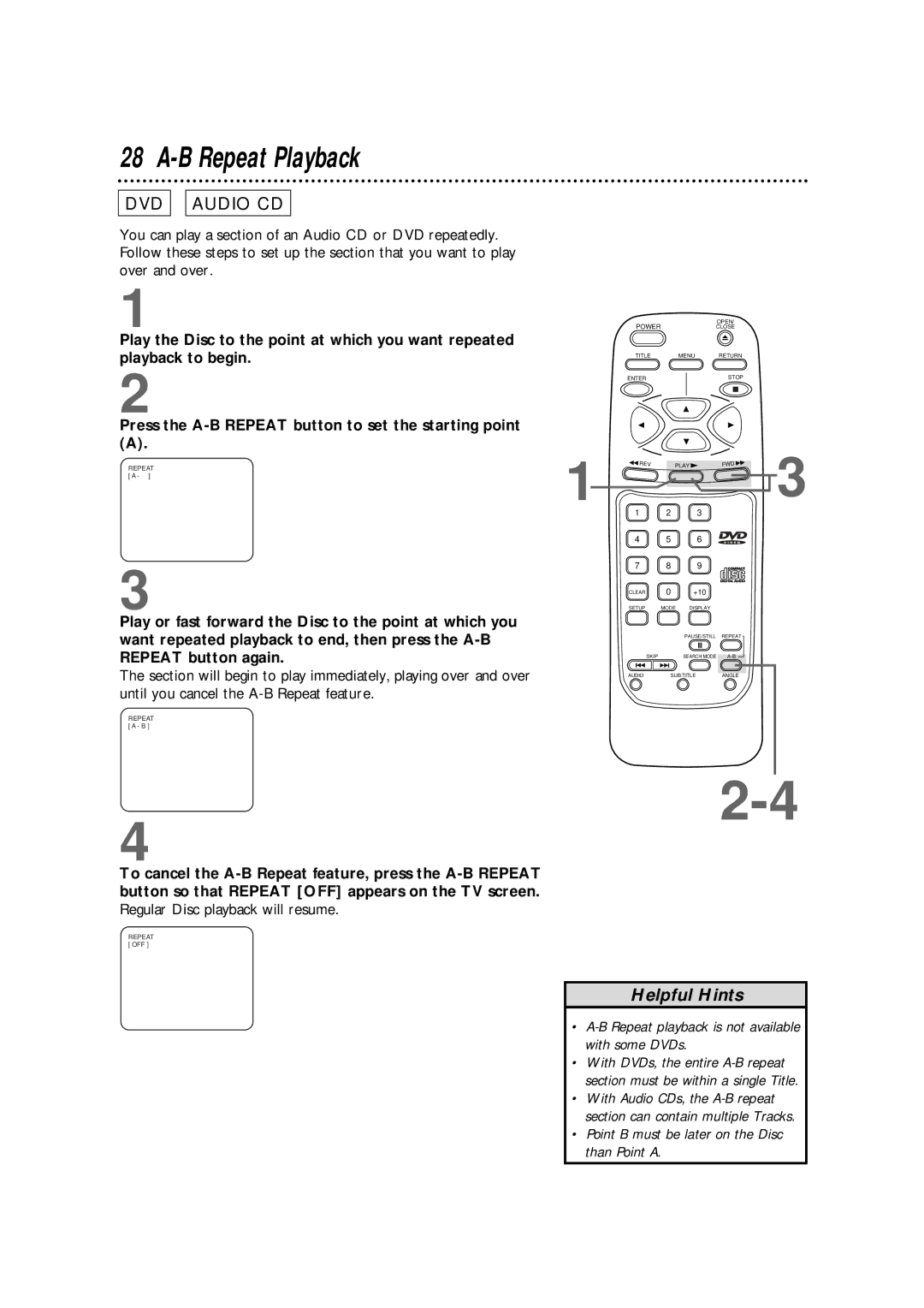 Philips DVD700/P02, DVD700AT owner manual B Repeat Playback, Repeat playback is not available with some DVDs 