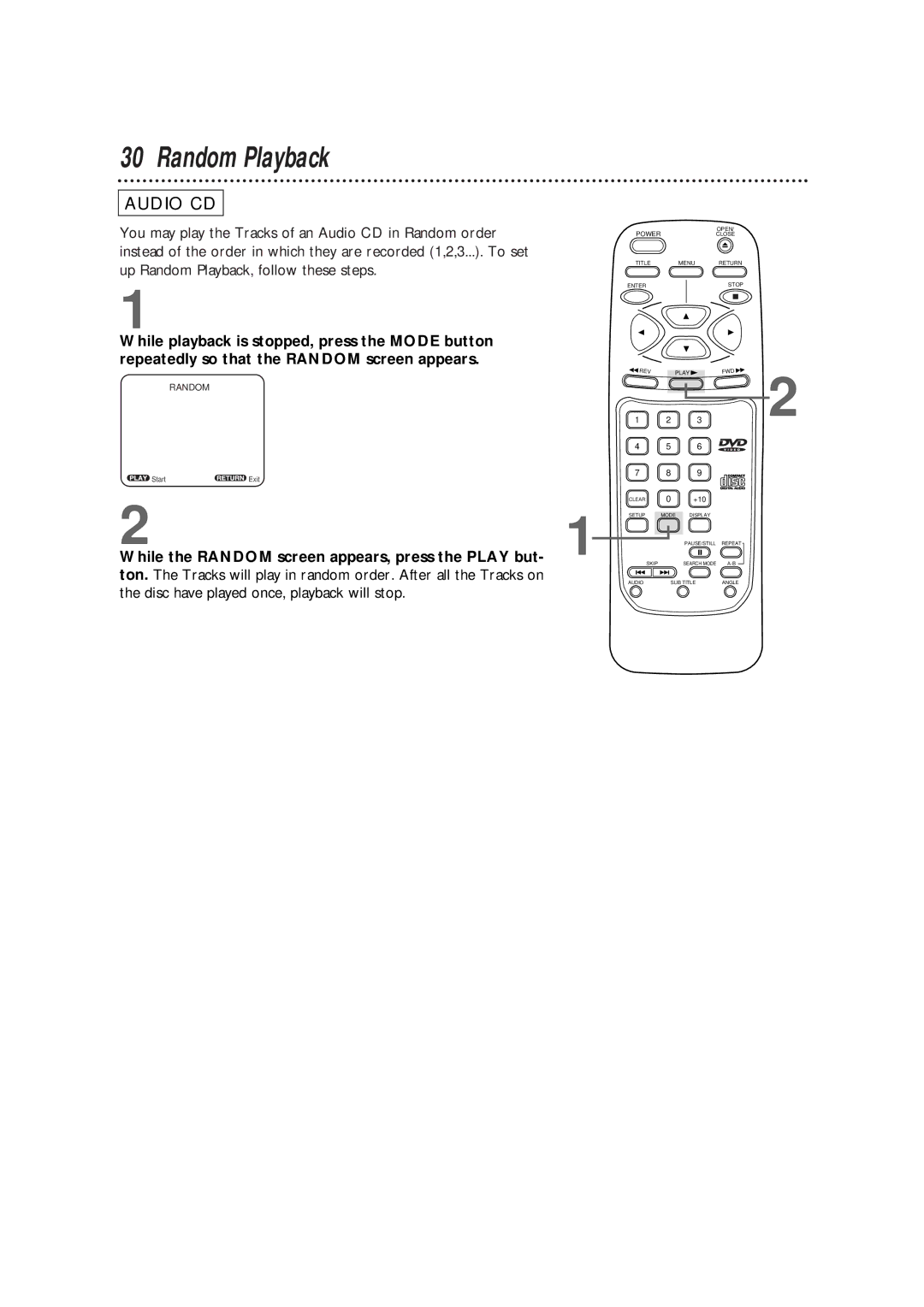 Philips DVD700/P02, DVD700AT owner manual Random Playback, While the Random screen appears, press the Play but 