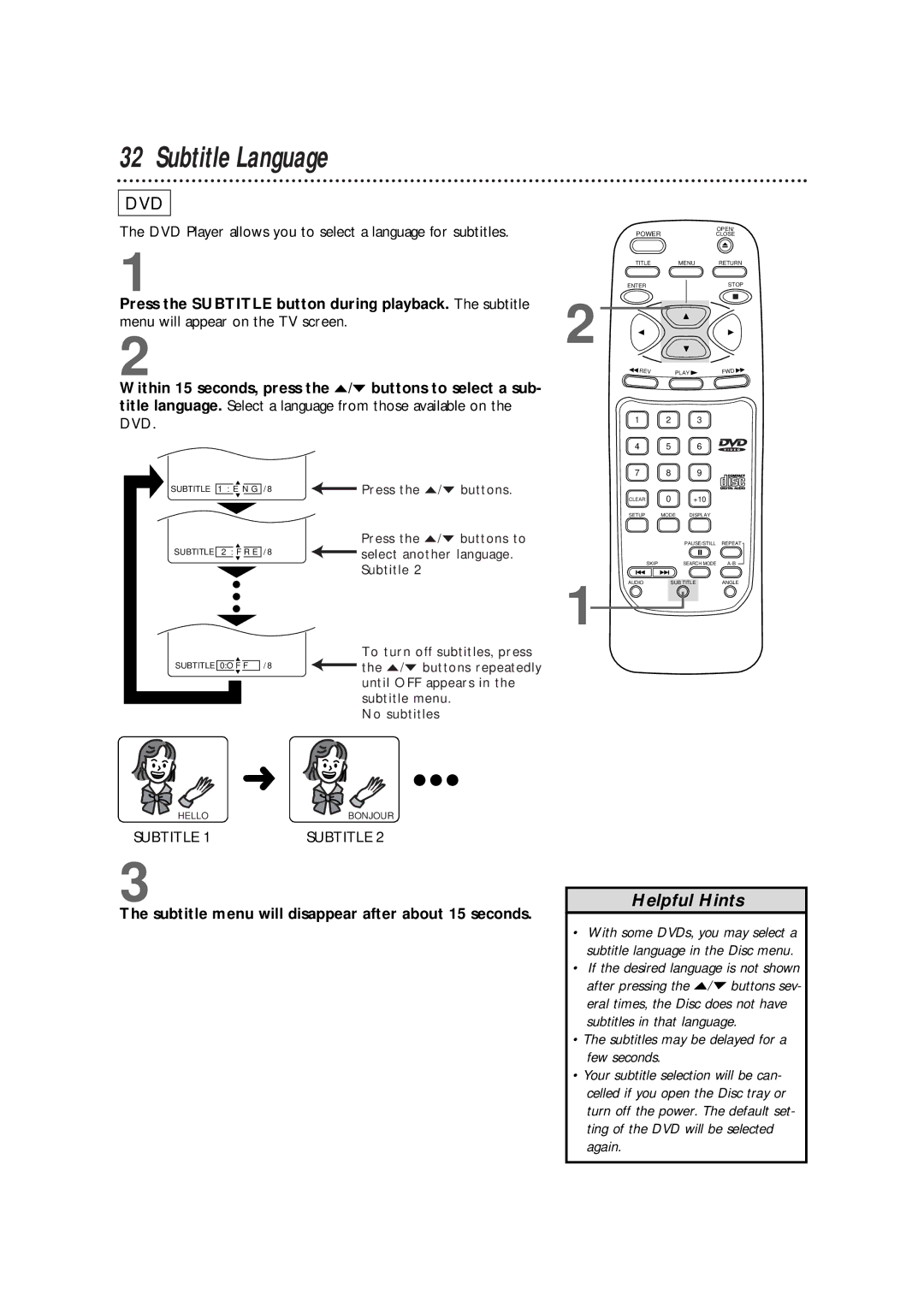 Philips DVD700/P02, DVD700AT owner manual Subtitle Language, Subtitle menu will disappear after about 15 seconds 