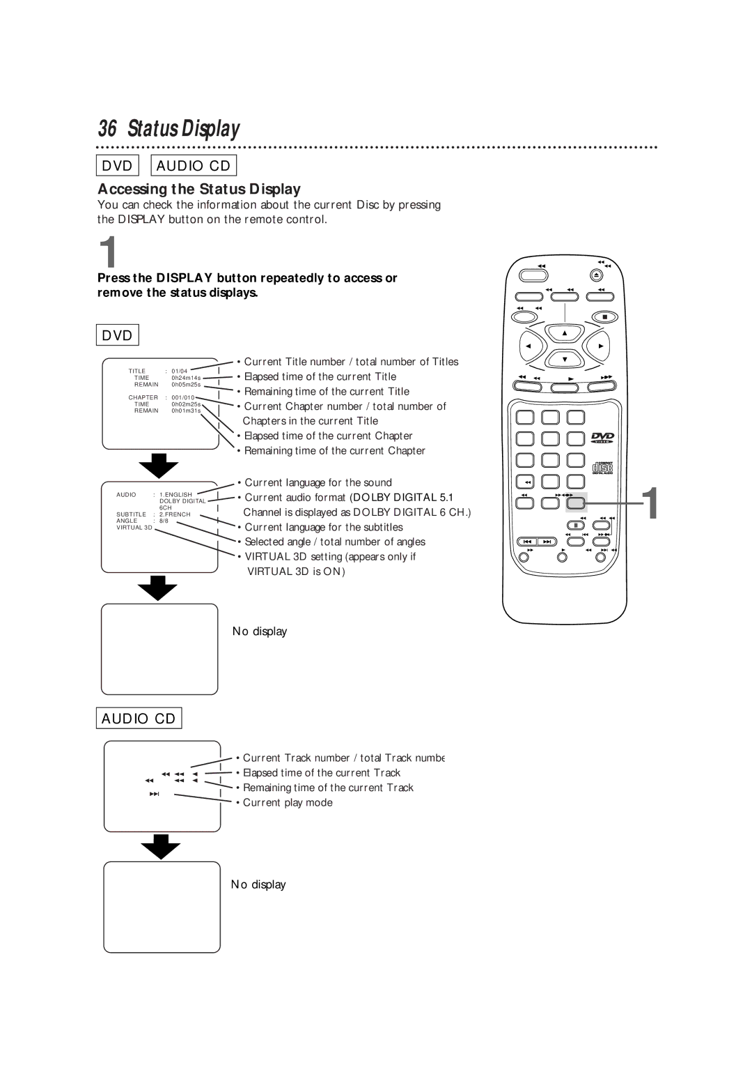 Philips DVD700/P02, DVD700AT owner manual Accessing the Status Display 