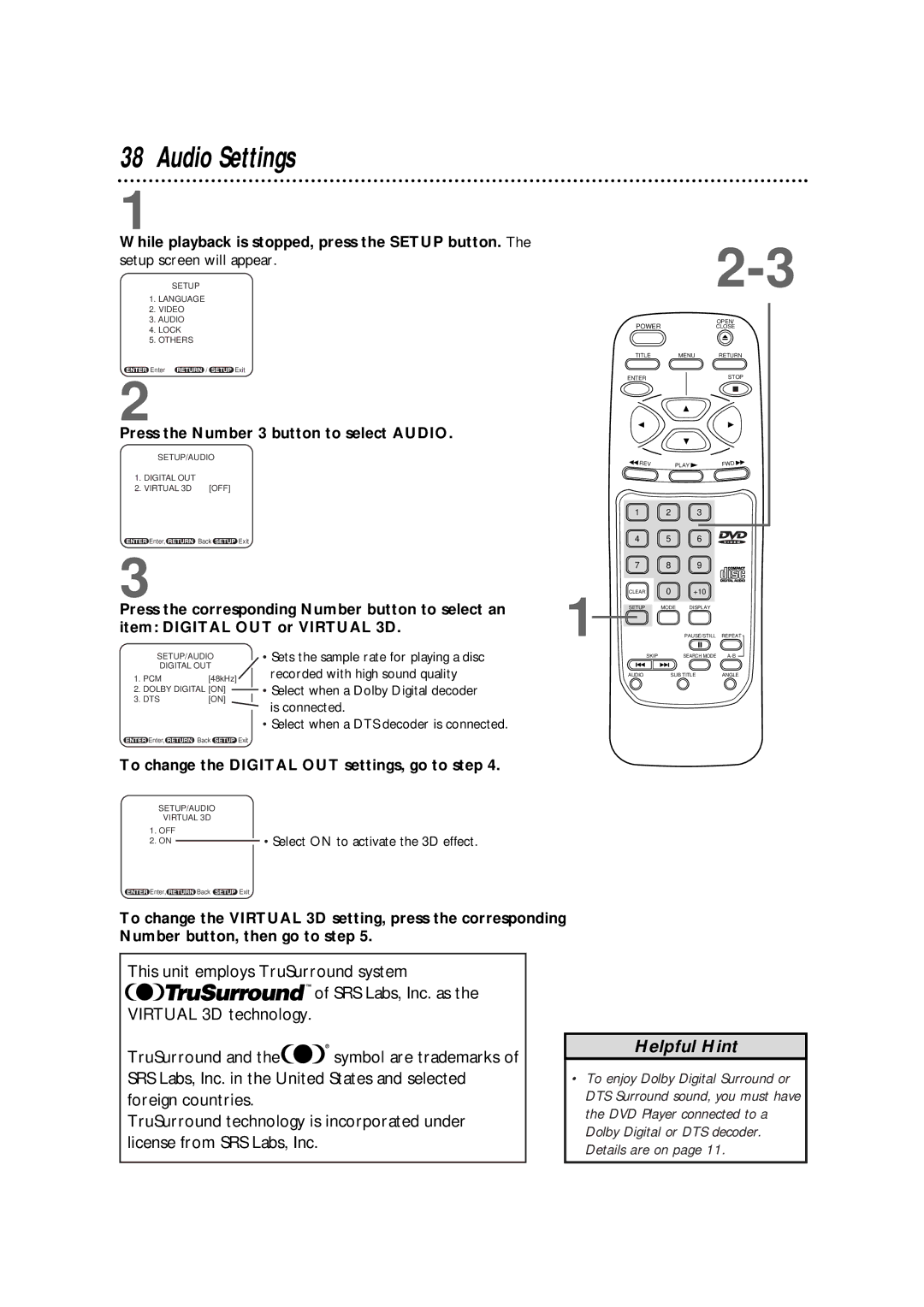 Philips DVD700/P02, DVD700AT Audio Settings, Press the Number 3 button to select Audio, Item Digital OUT or Virtual 3D 