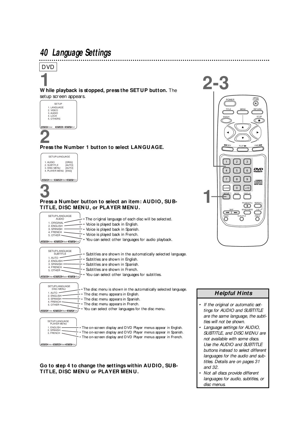 Philips DVD700/P02 Language Settings, Press the Number 1 button to select Language, Tles will not be shown, Disc menus 