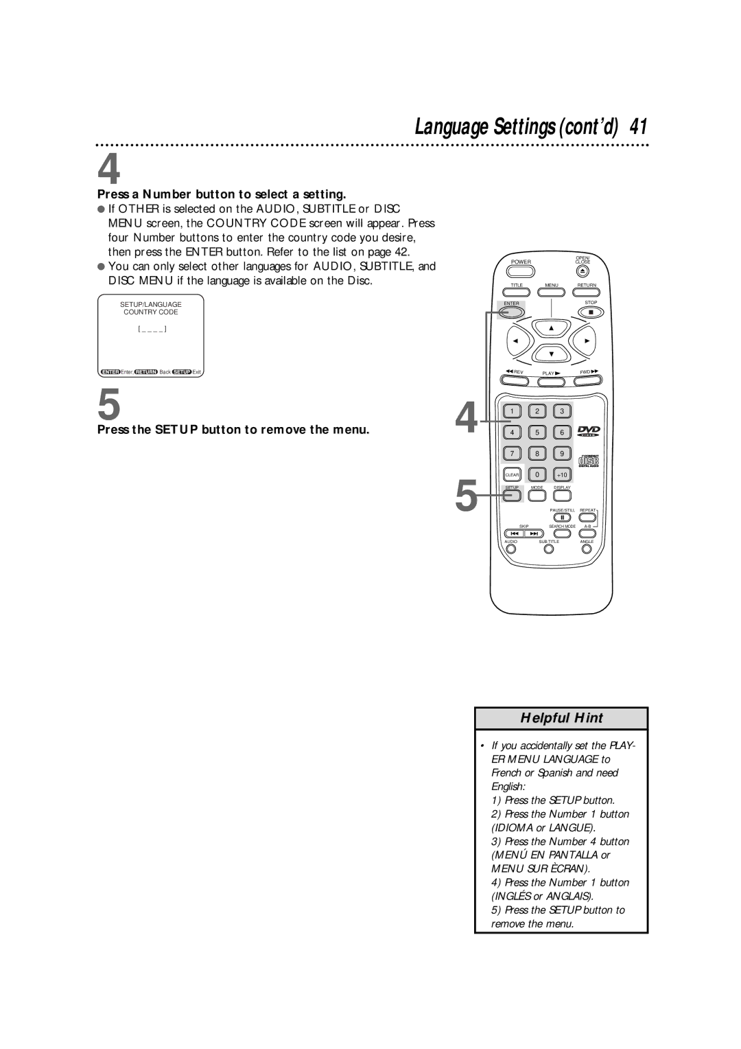 Philips DVD700AT, DVD700/P02 owner manual Language Settings cont’d, Press a Number button to select a setting 