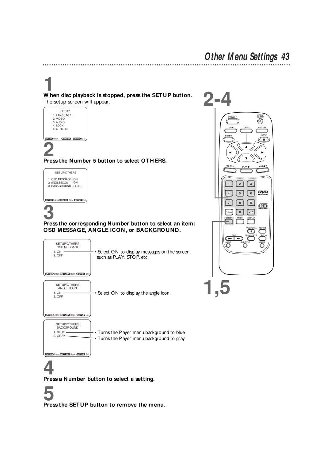 Philips DVD700AT, DVD700/P02 owner manual Other Menu Settings, Press the Number 5 button to select Others 