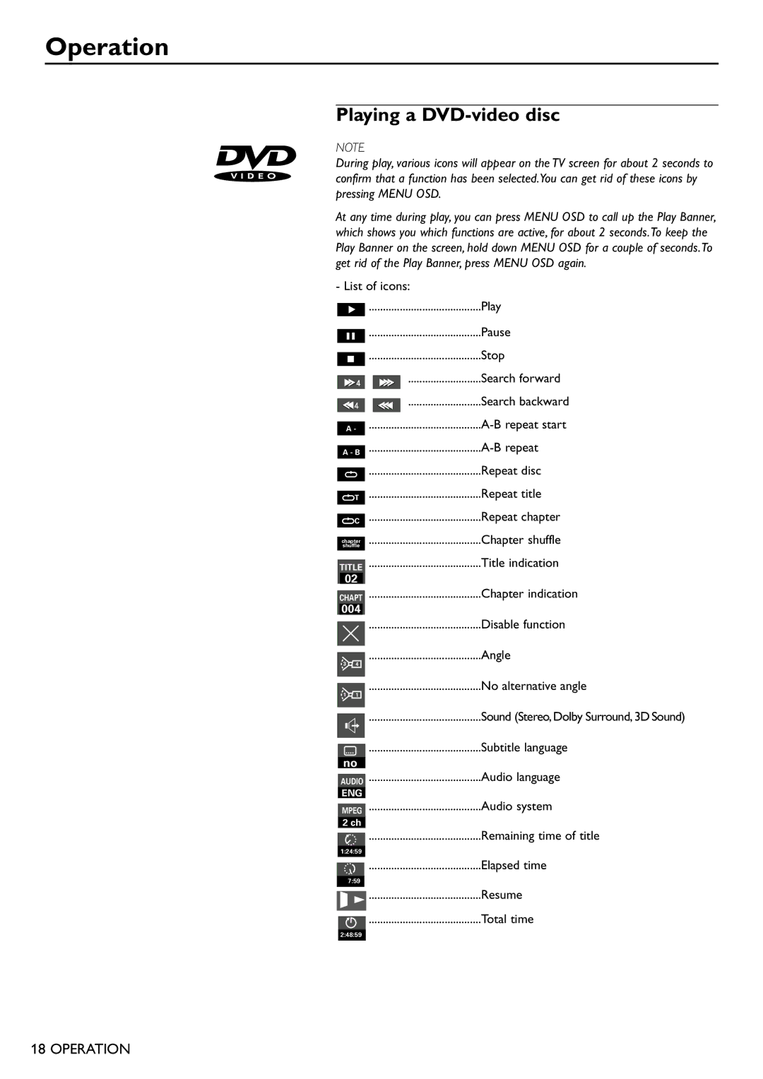 Philips DVD701 manual Operation, Playing a DVD-video disc 