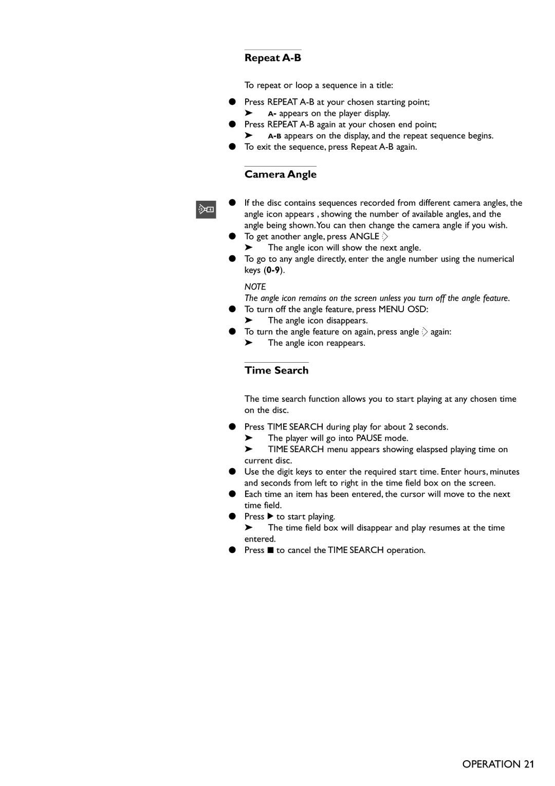 Philips DVD701 manual Repeat A-B, Camera Angle, Time Search 