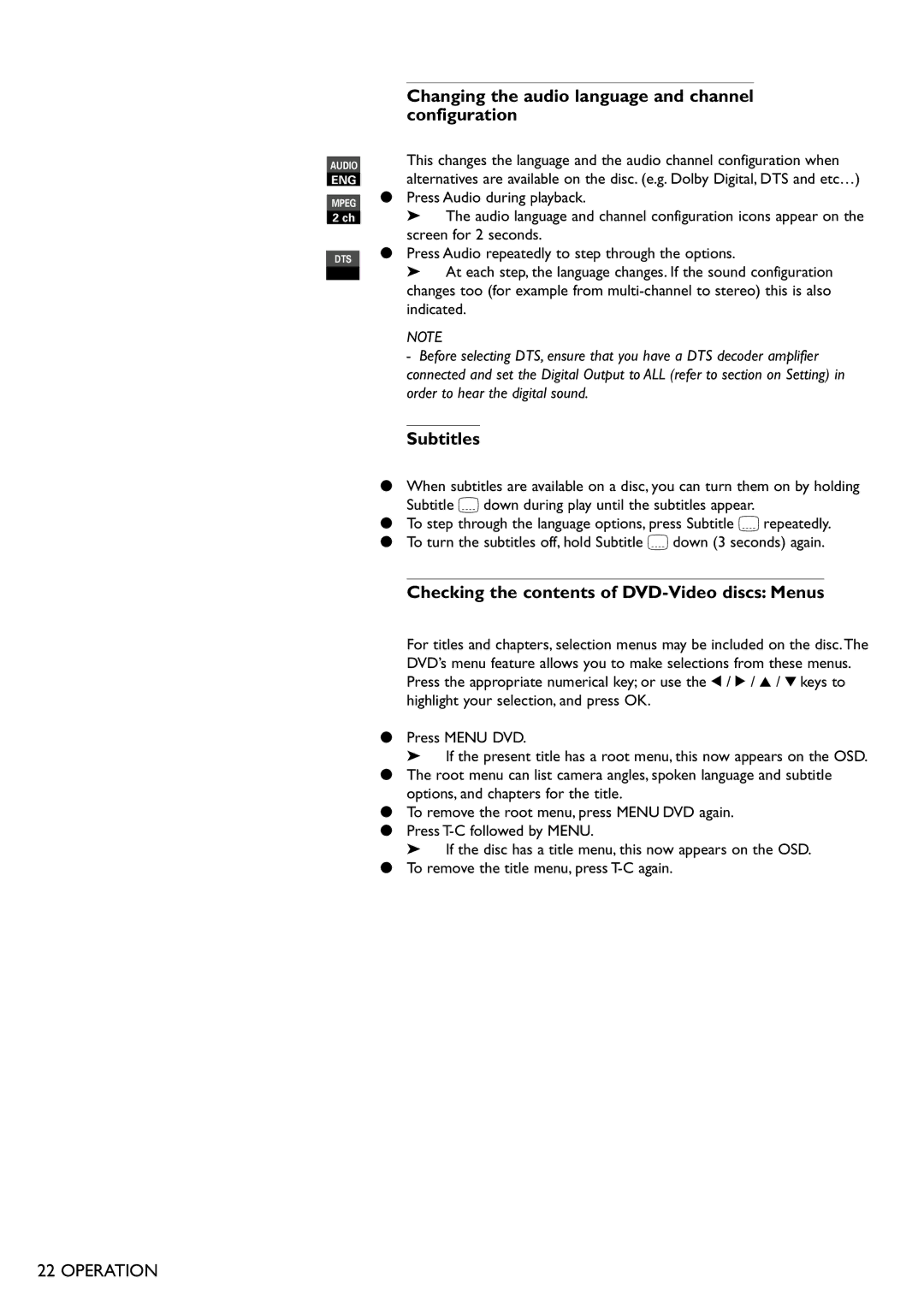 Philips DVD701 manual Changing the audio language and channel configuration, Subtitles 