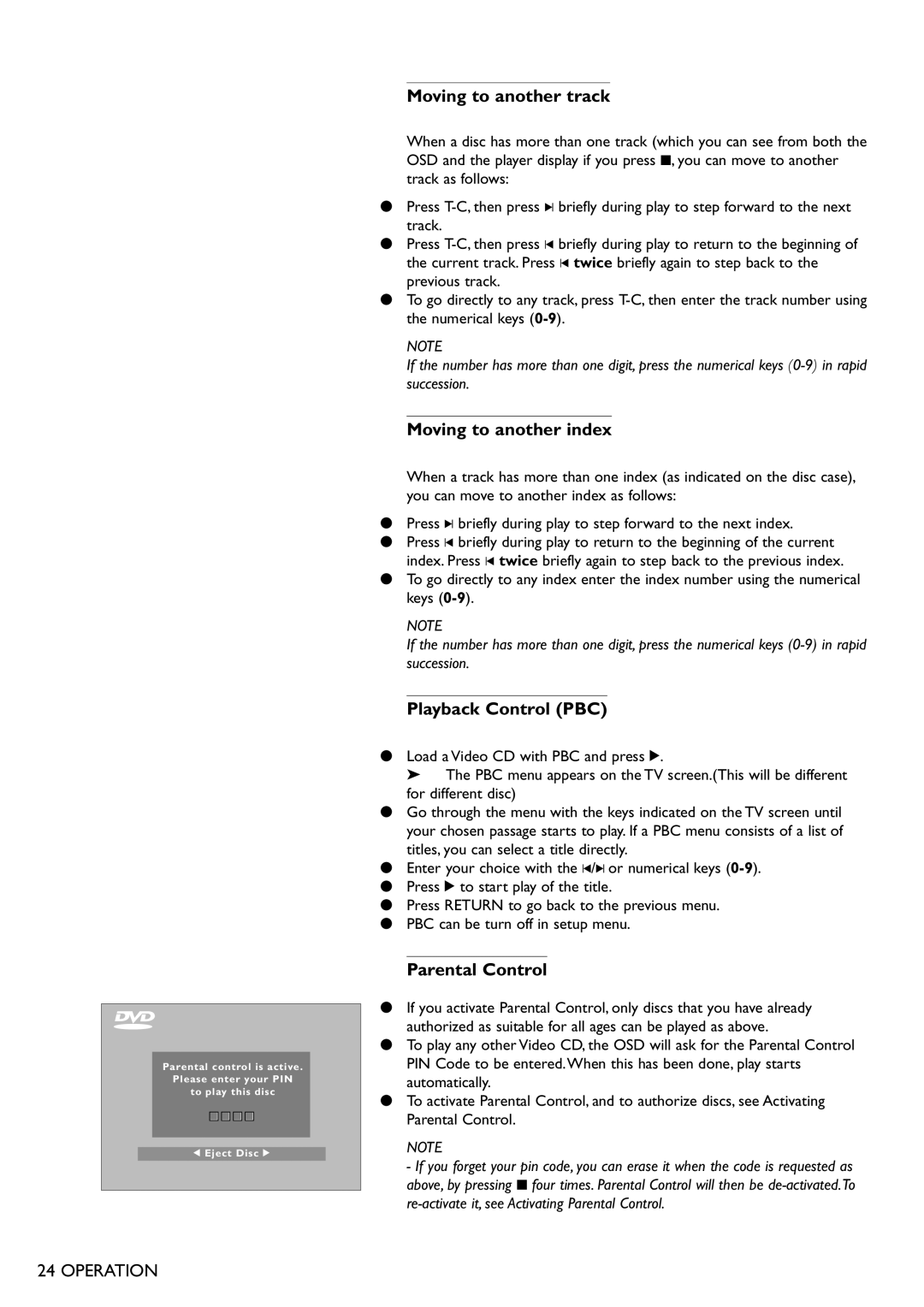 Philips DVD701 manual Moving to another track, Moving to another index, Playback Control PBC 