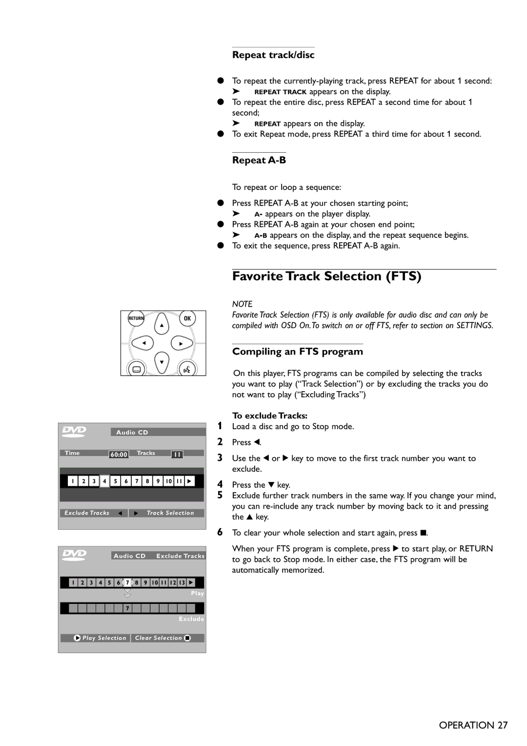 Philips DVD701 manual Favorite Track Selection FTS, Compiling an FTS program, To exclude Tracks 