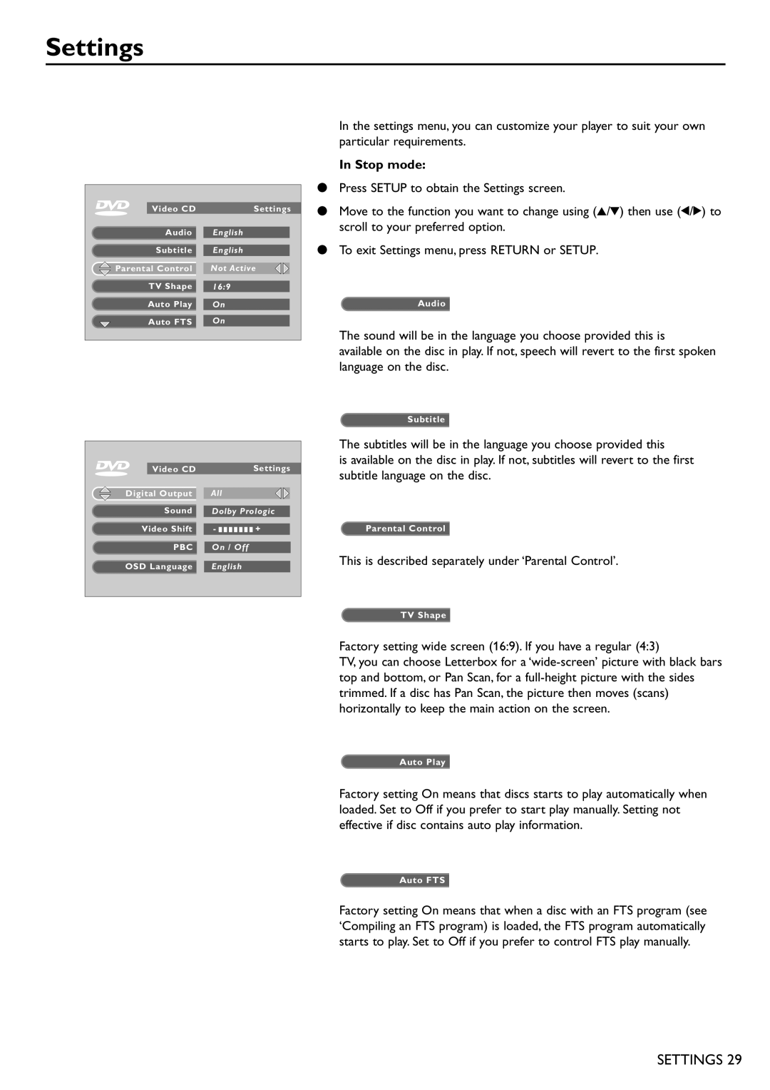 Philips DVD701 manual Settings, Stop mode 