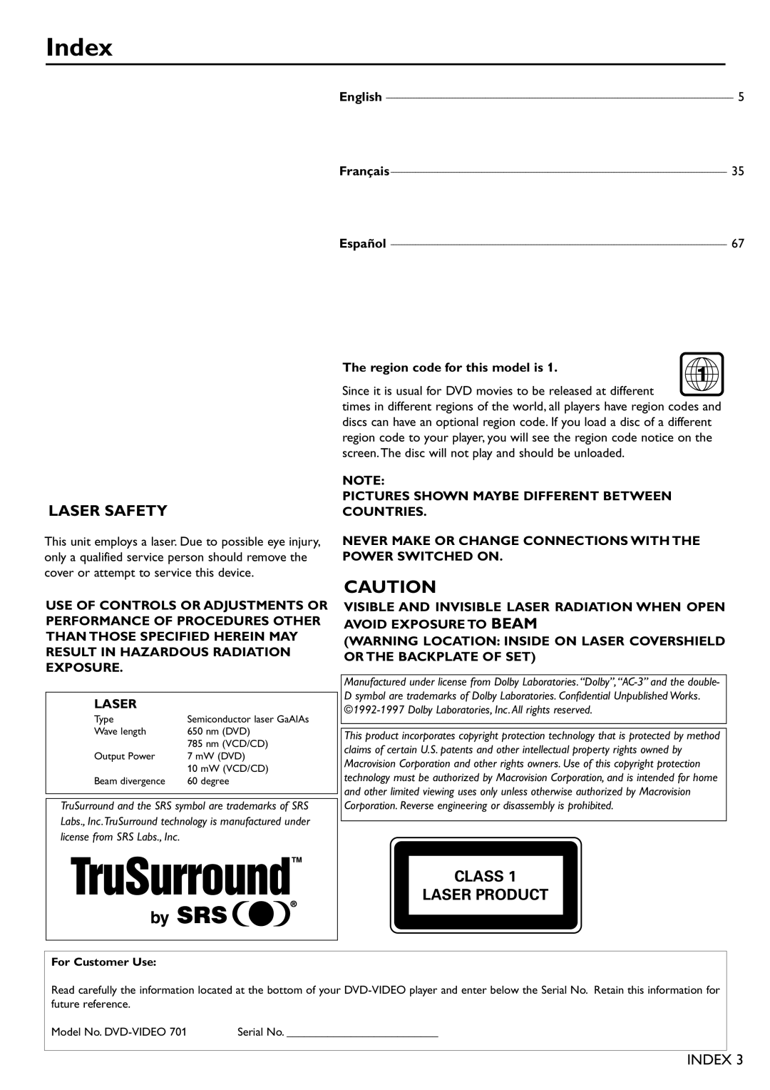 Philips DVD701 manual Index, Region code for this model is 