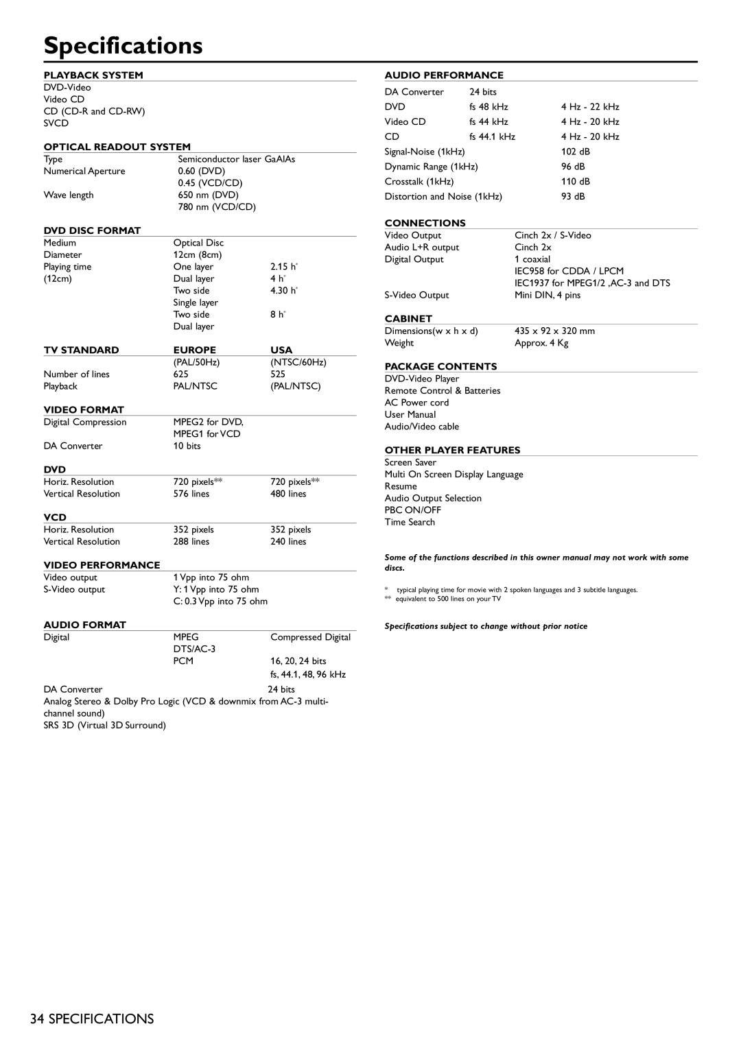 Philips DVD701 manual Specifications, Optical Readout System 