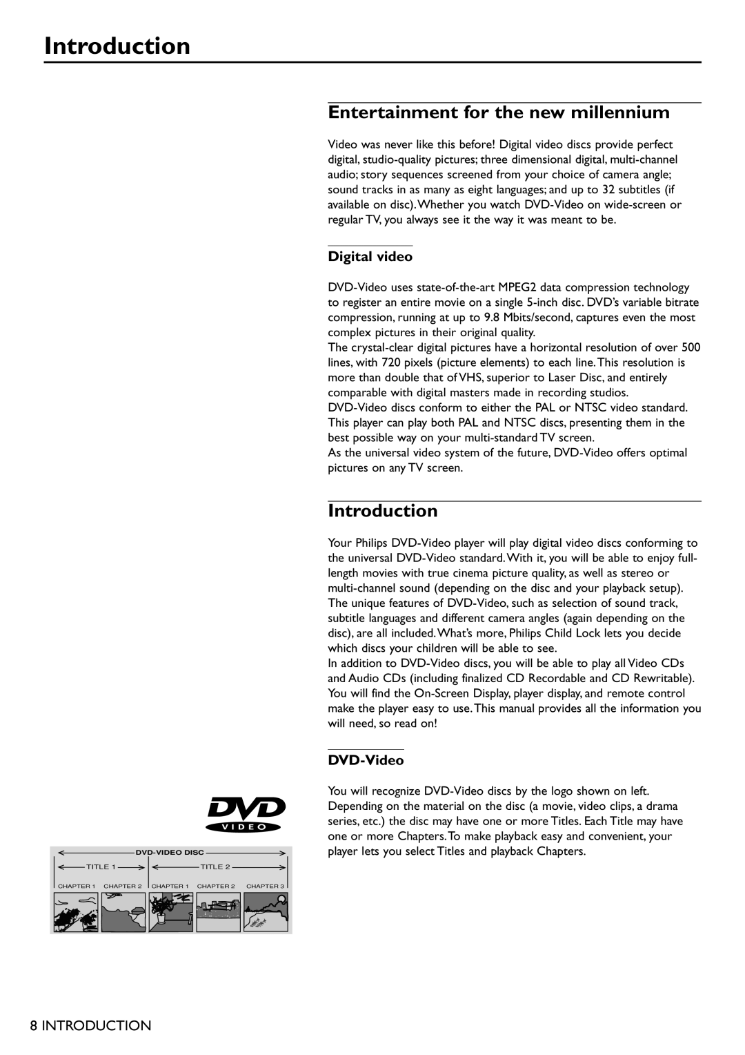 Philips DVD701 manual Introduction, Entertainment for the new millennium, Digital video, DVD-Video 