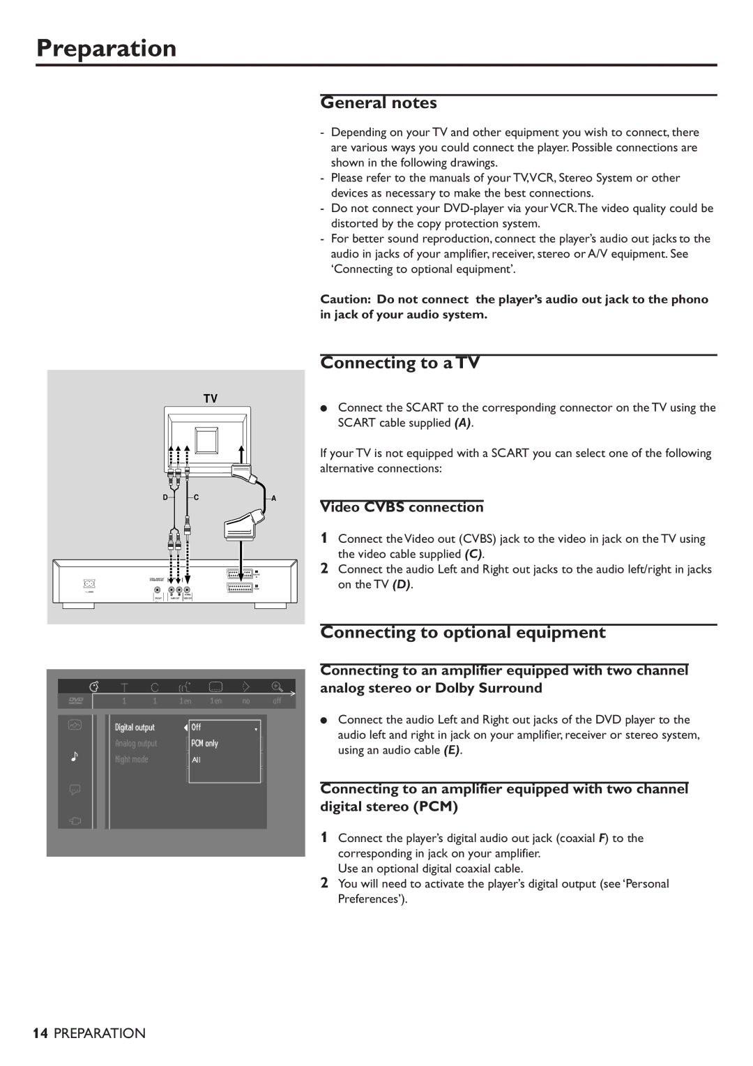 Philips DVD701/931 Preparation, General notes, Connecting to a TV, Connecting to optional equipment, Video Cvbs connection 