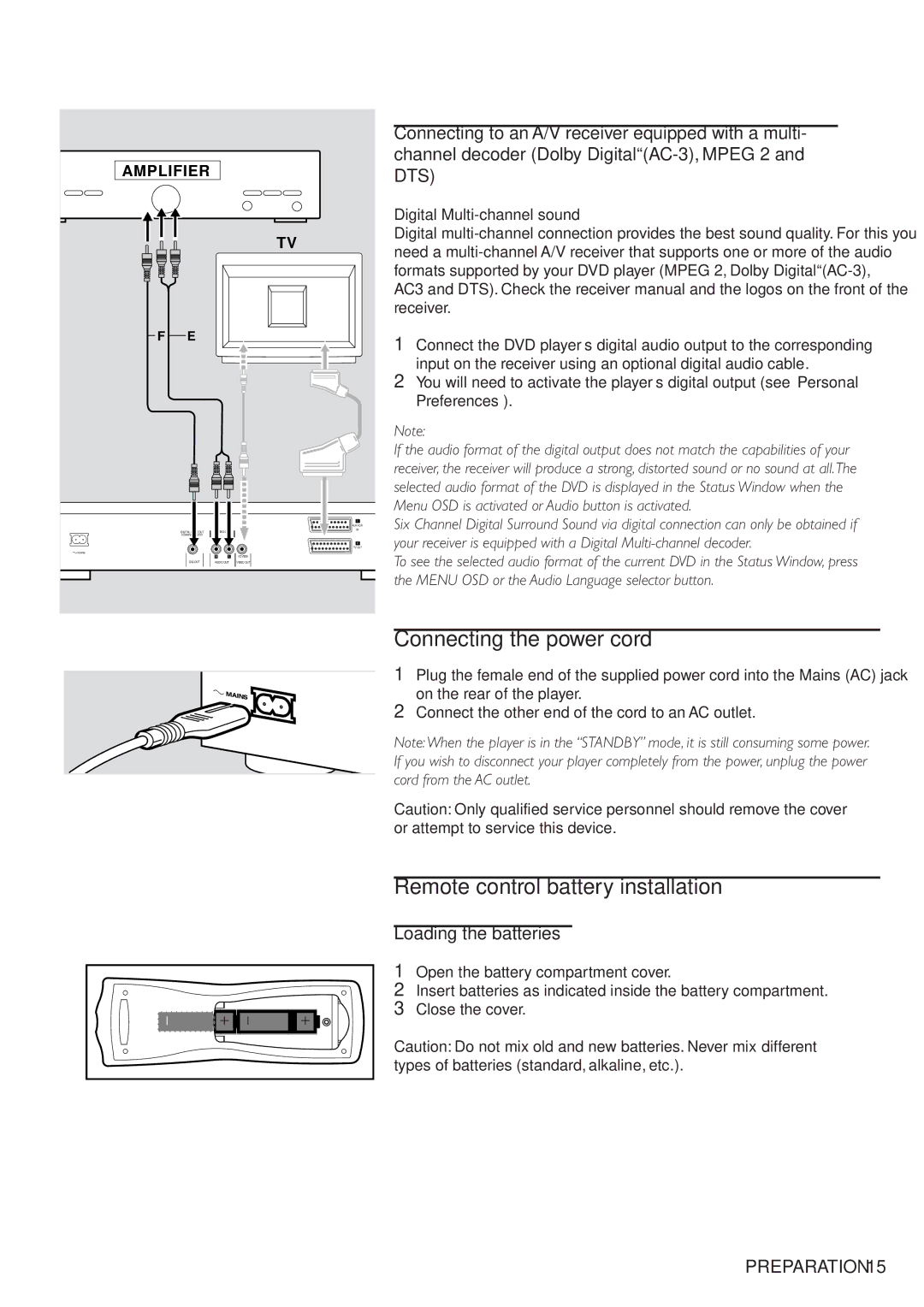 Philips DVD701/931 specifications Connecting the power cord, Remote control battery installation, Loading the batteries 