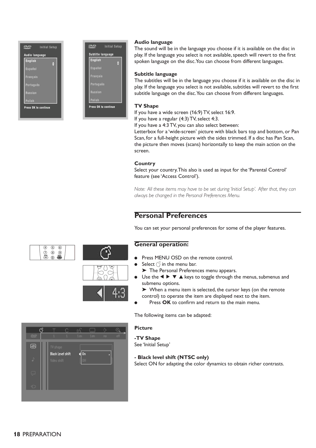 Philips DVD701/931 specifications Personal Preferences, General operation 