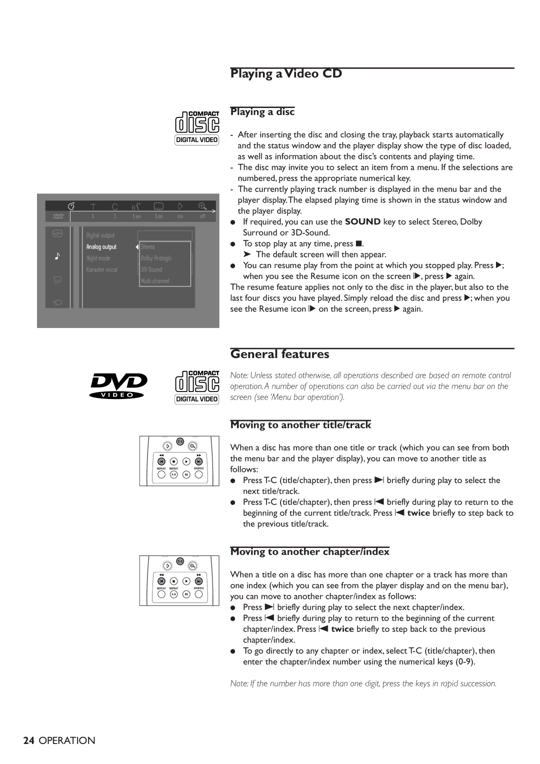 Philips DVD701/931 specifications Playing a Video CD, General features, Playing a disc, Moving to another title/track 