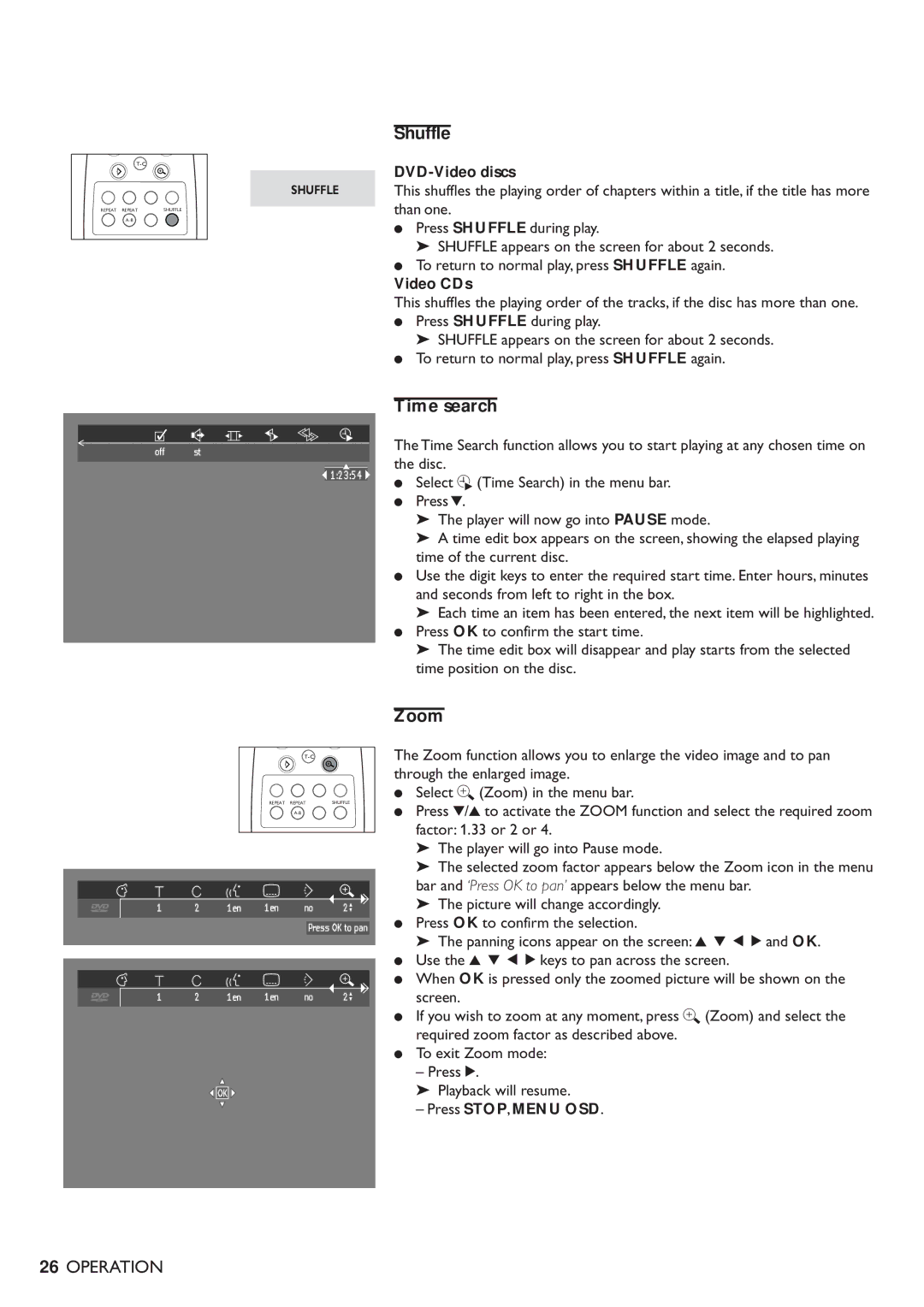 Philips DVD701/931 specifications Shuffle, Time search, Zoom 