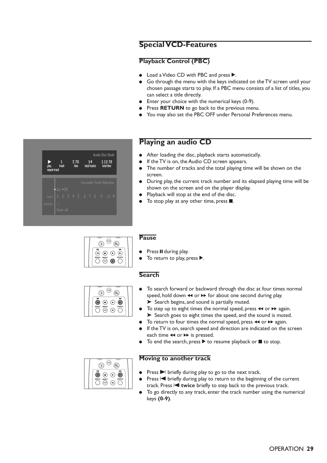 Philips DVD701/931 Special VCD-Features, Playing an audio CD, Playback Control PBC, Pause, Moving to another track 