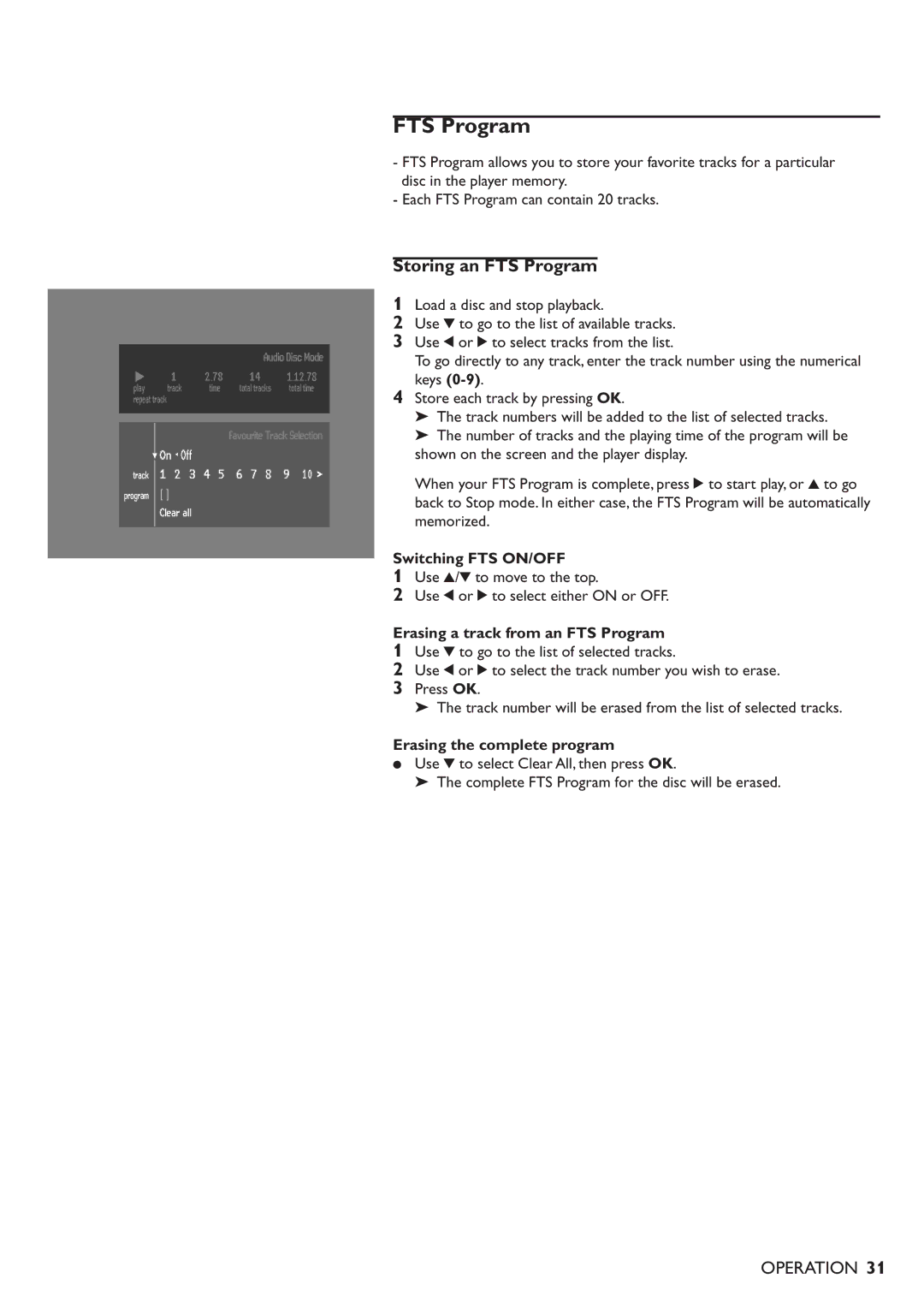 Philips DVD701/931 specifications Storing an FTS Program, Switching FTS ON/OFF, Erasing a track from an FTS Program 