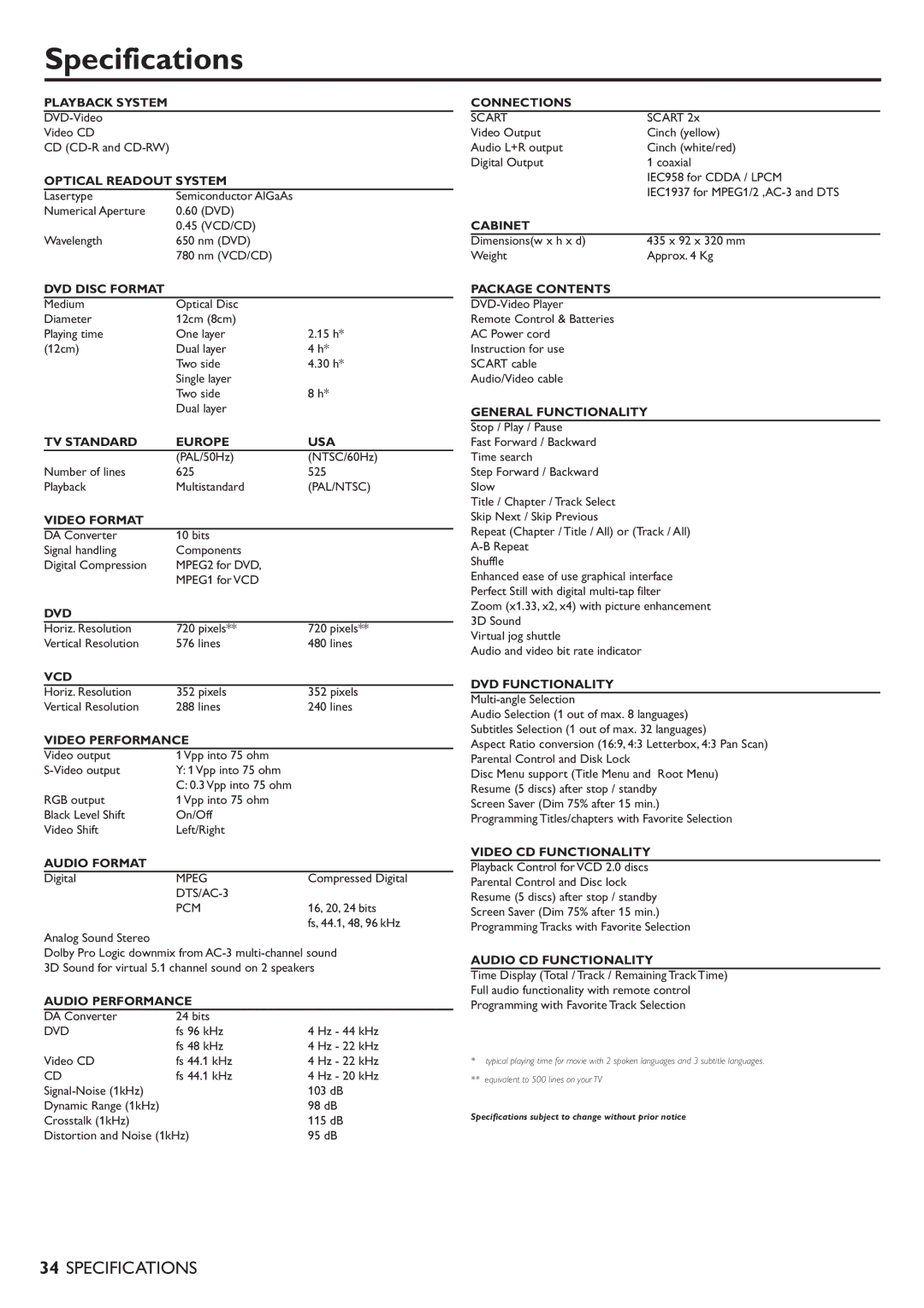 Philips DVD701/931 specifications Specifications, Optical Readout System 