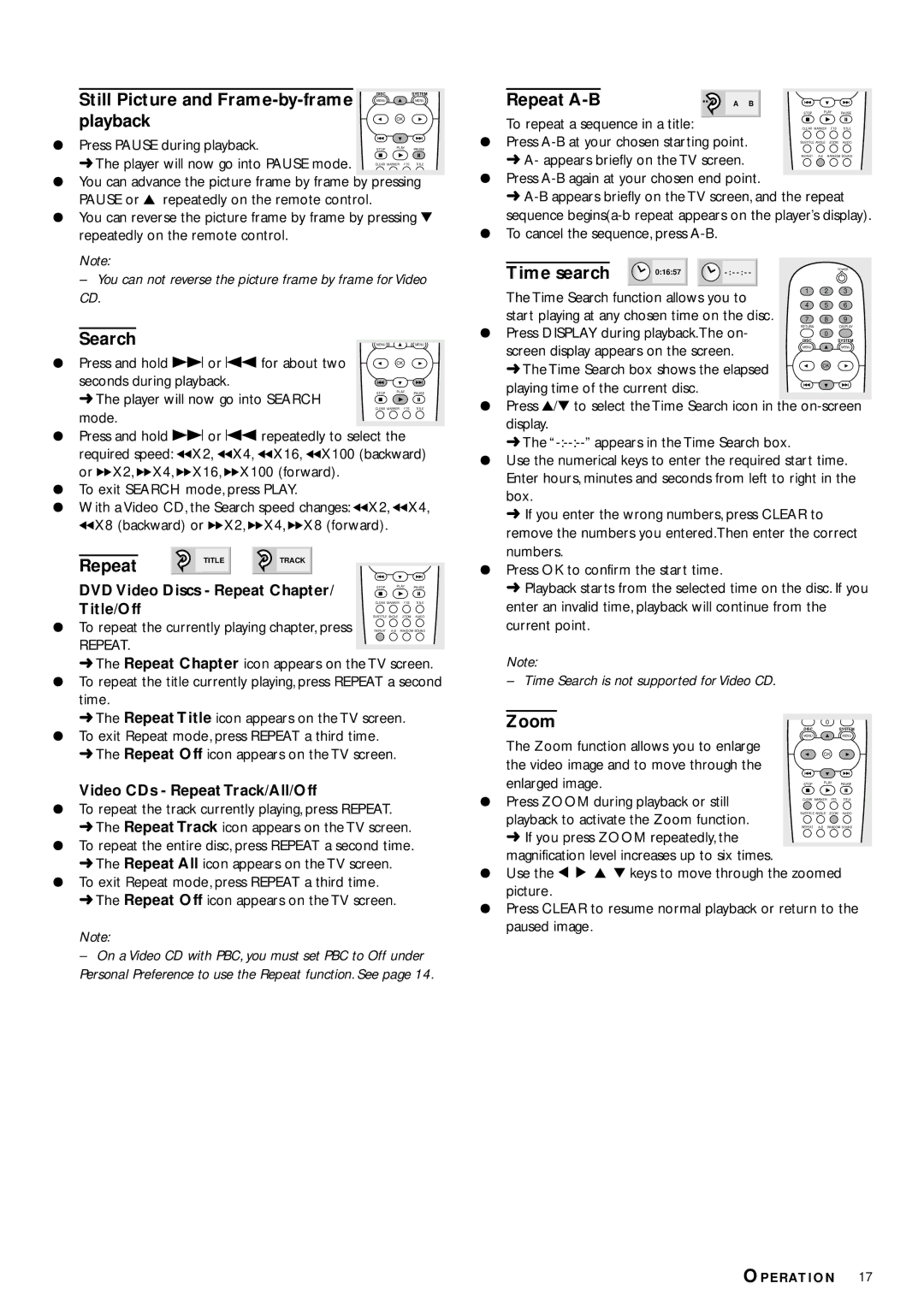 Philips DVD702 owner manual Still Picture and Frame-by-frame, Playback, Search, Repeat A-B, Time search, Zoom 