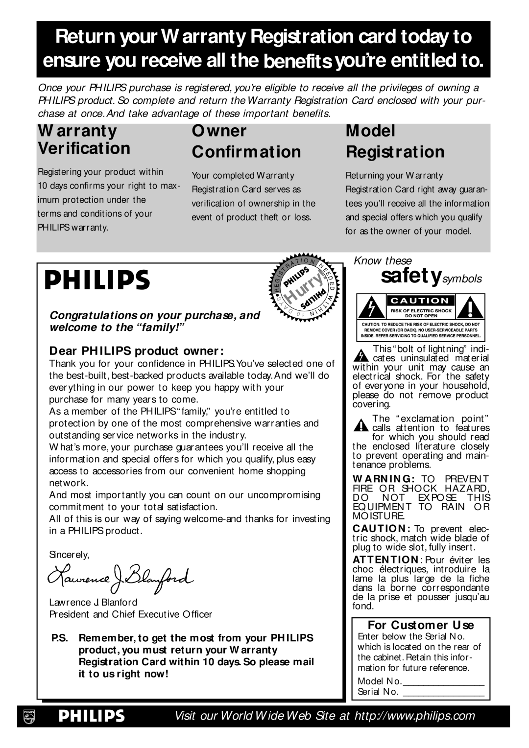 Philips DVD702 owner manual Return yourWarranty Registration card today to 