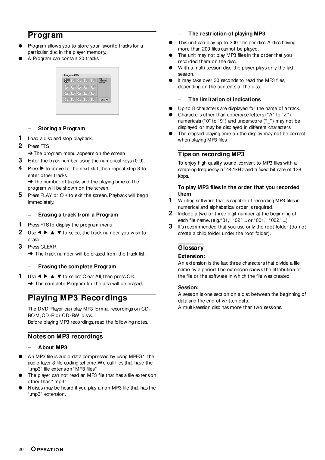 Philips DVD702 owner manual Program, Playing MP3 Recordings, Tips on recording MP3, Glossary 