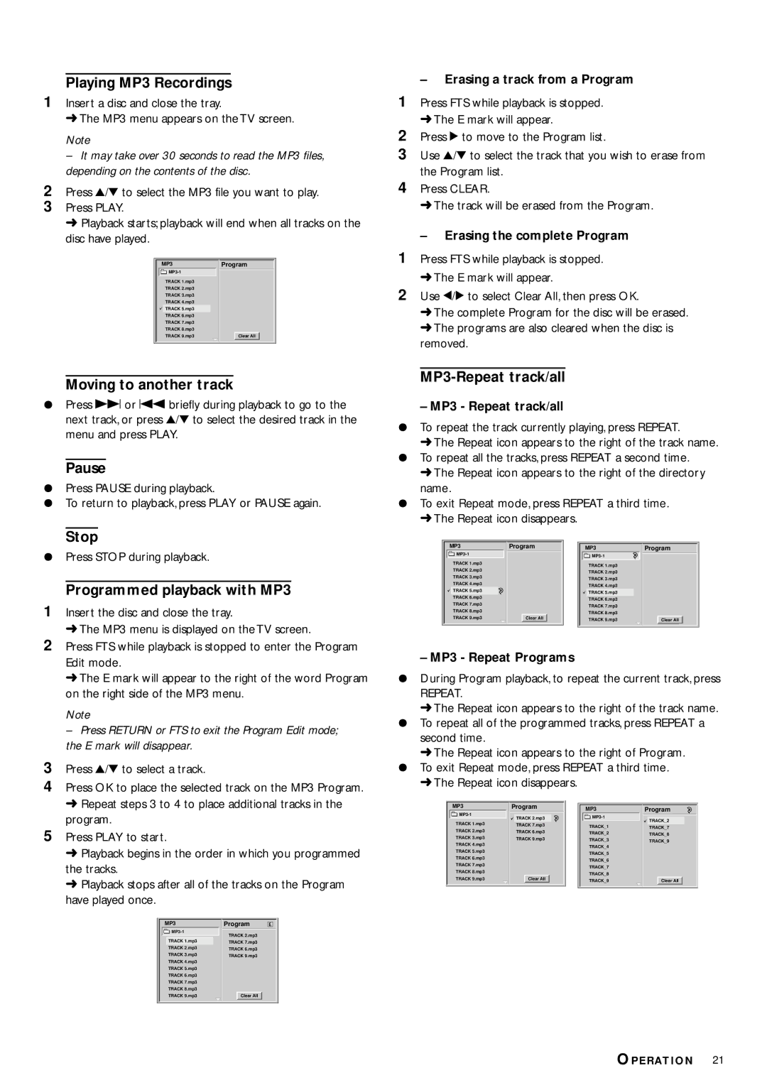 Philips DVD702 owner manual Playing MP3 Recordings, Stop, Programmed playback with MP3, MP3-Repeat track/all 