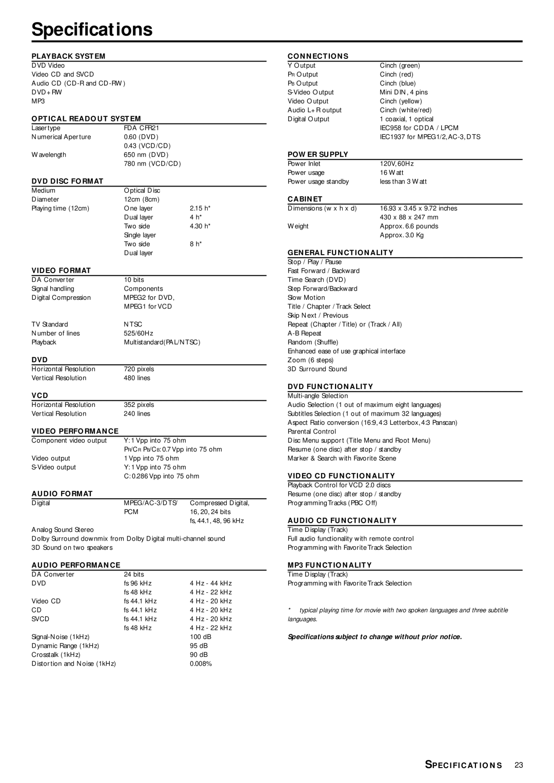 Philips DVD702 owner manual Specifications, DVD Disc Format 