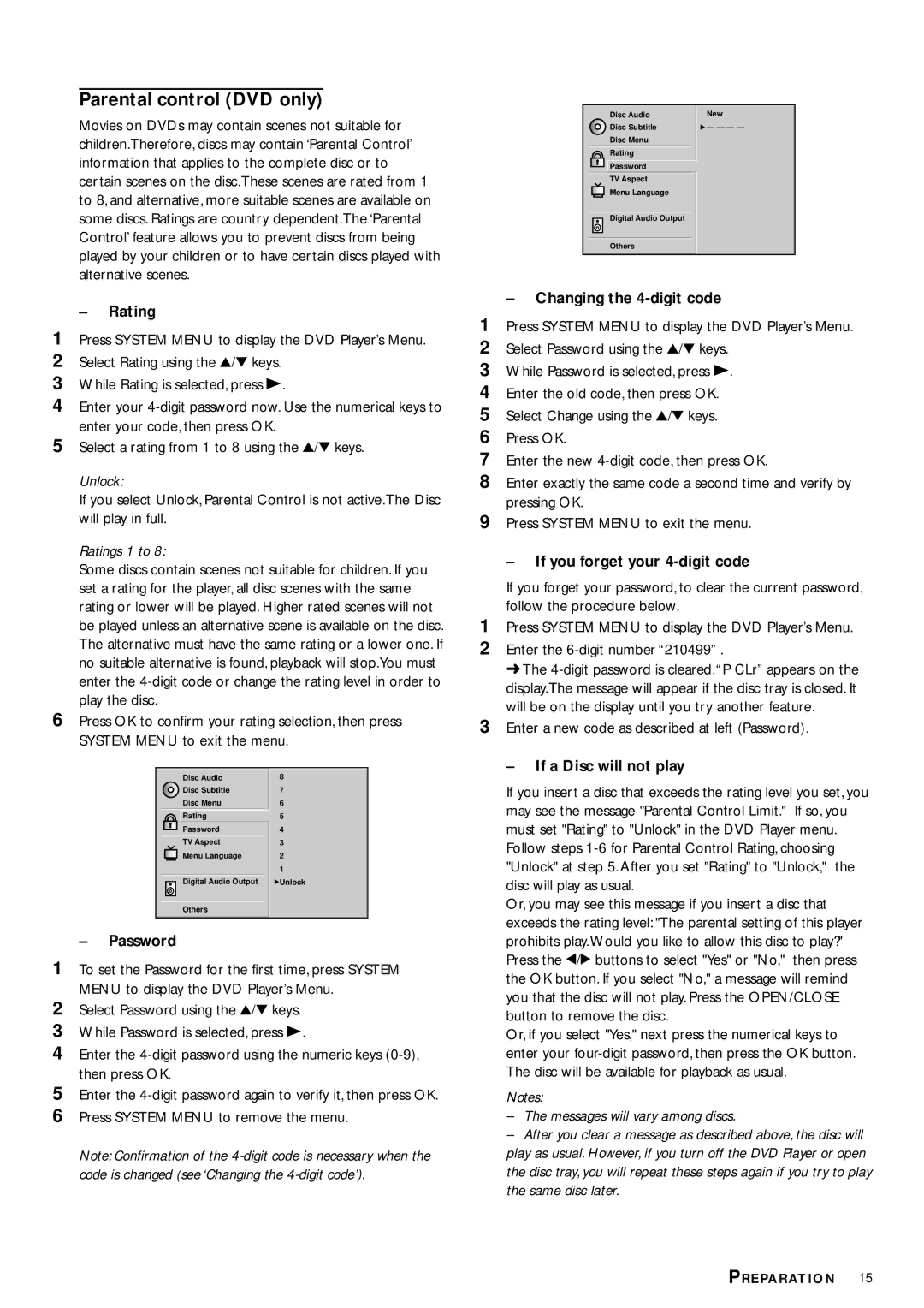 Philips DVD702AT Rating, Password, Changing the 4-digit code, If you forget your 4-digit code, If a Disc will not play 