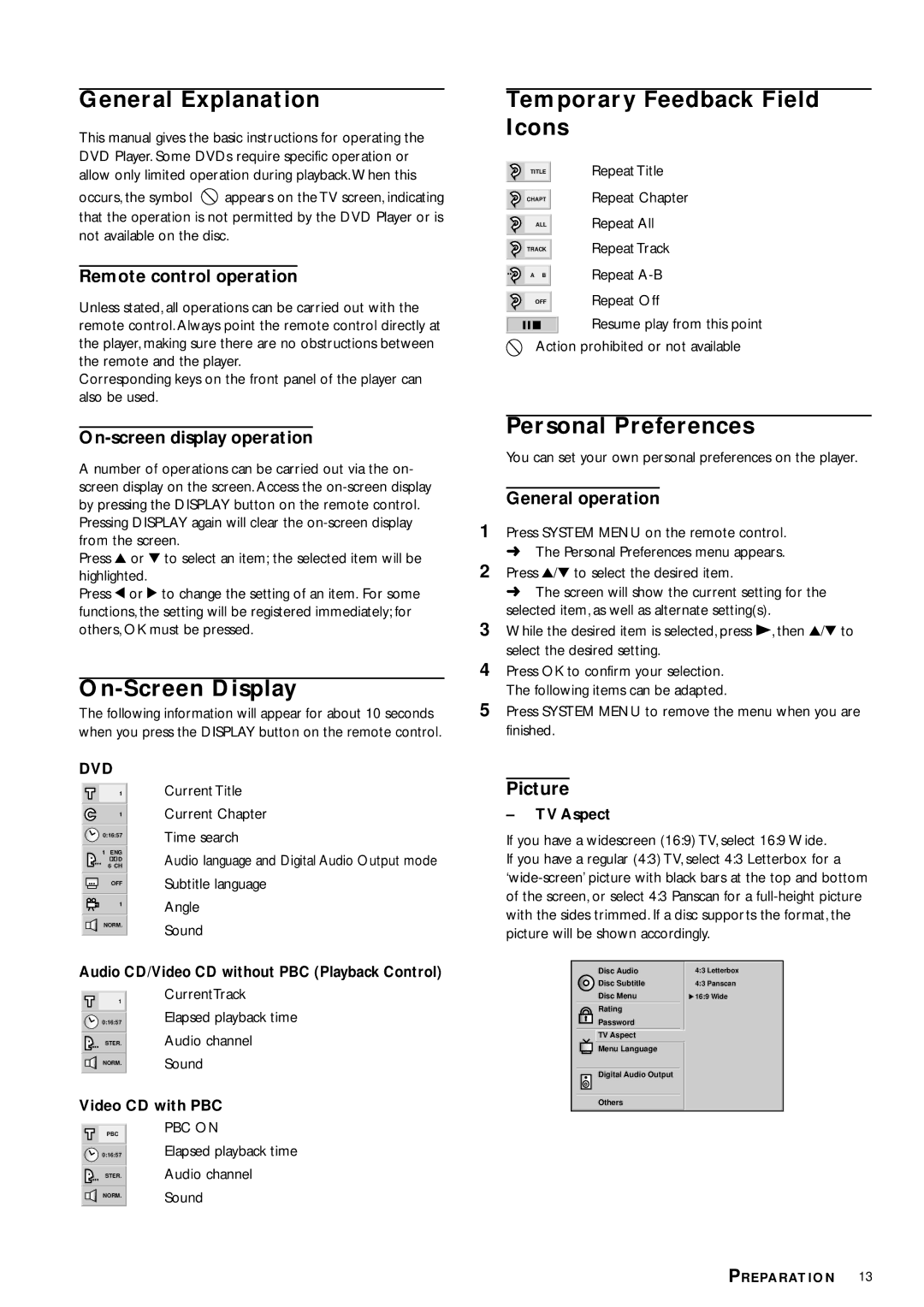 Philips DVD704 owner manual General Explanation, On-Screen Display, Temporary Feedback Field Icons, Personal Preferences 