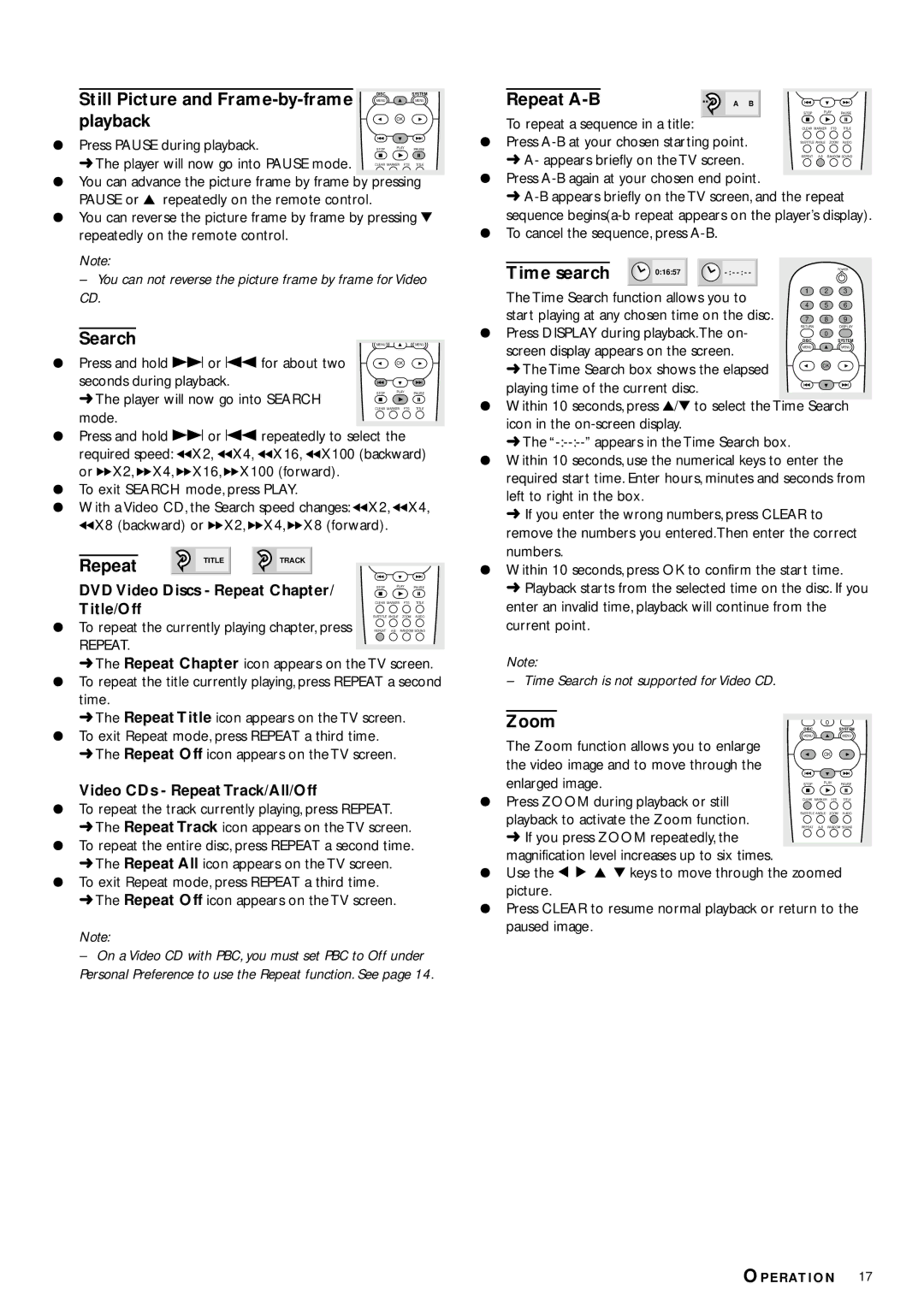 Philips DVD704 owner manual Still Picture and Frame-by-frame, Playback, Search, Repeat A-B, Time search, Zoom 