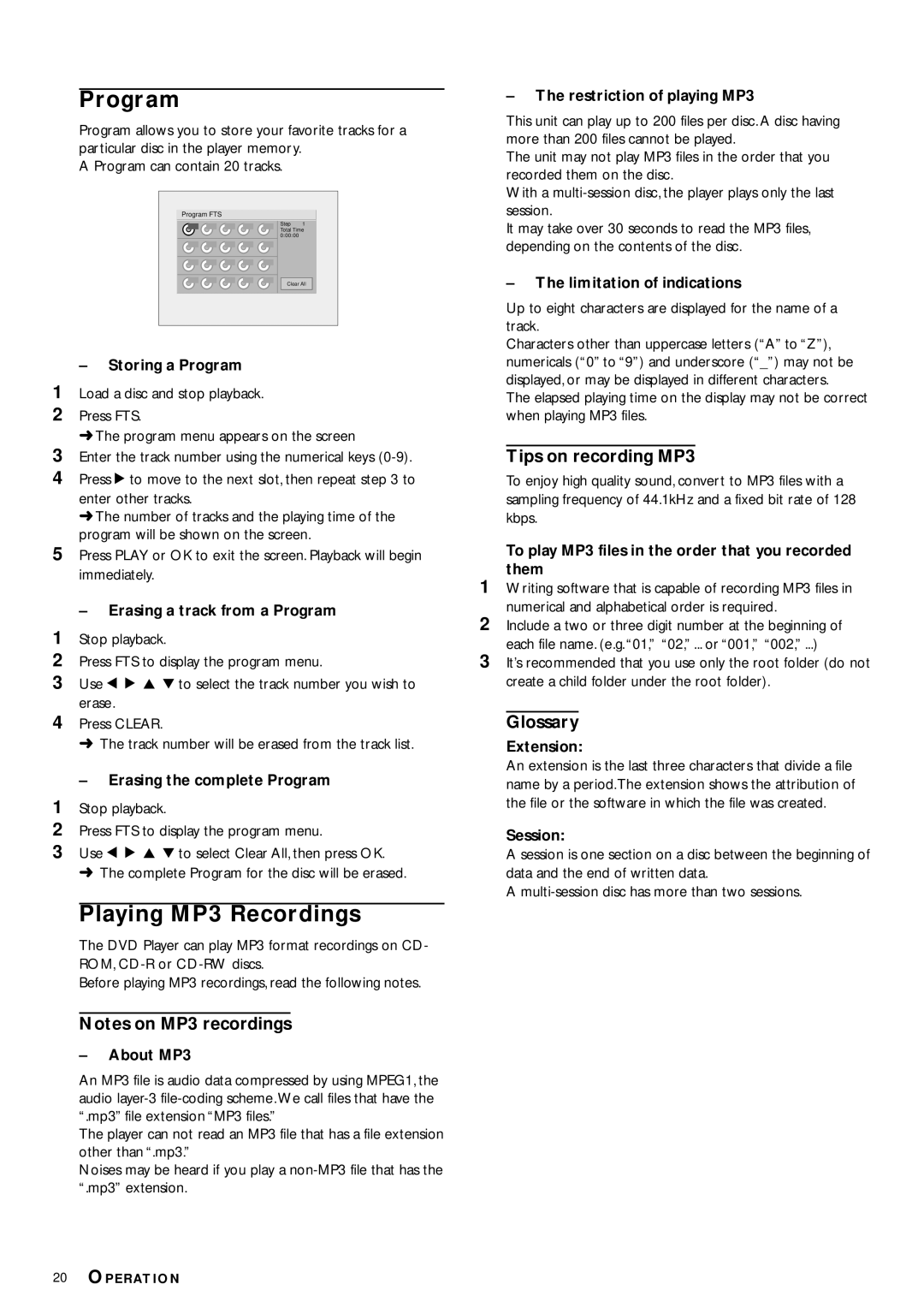 Philips DVD704 owner manual Program, Playing MP3 Recordings, Tips on recording MP3, Glossary 